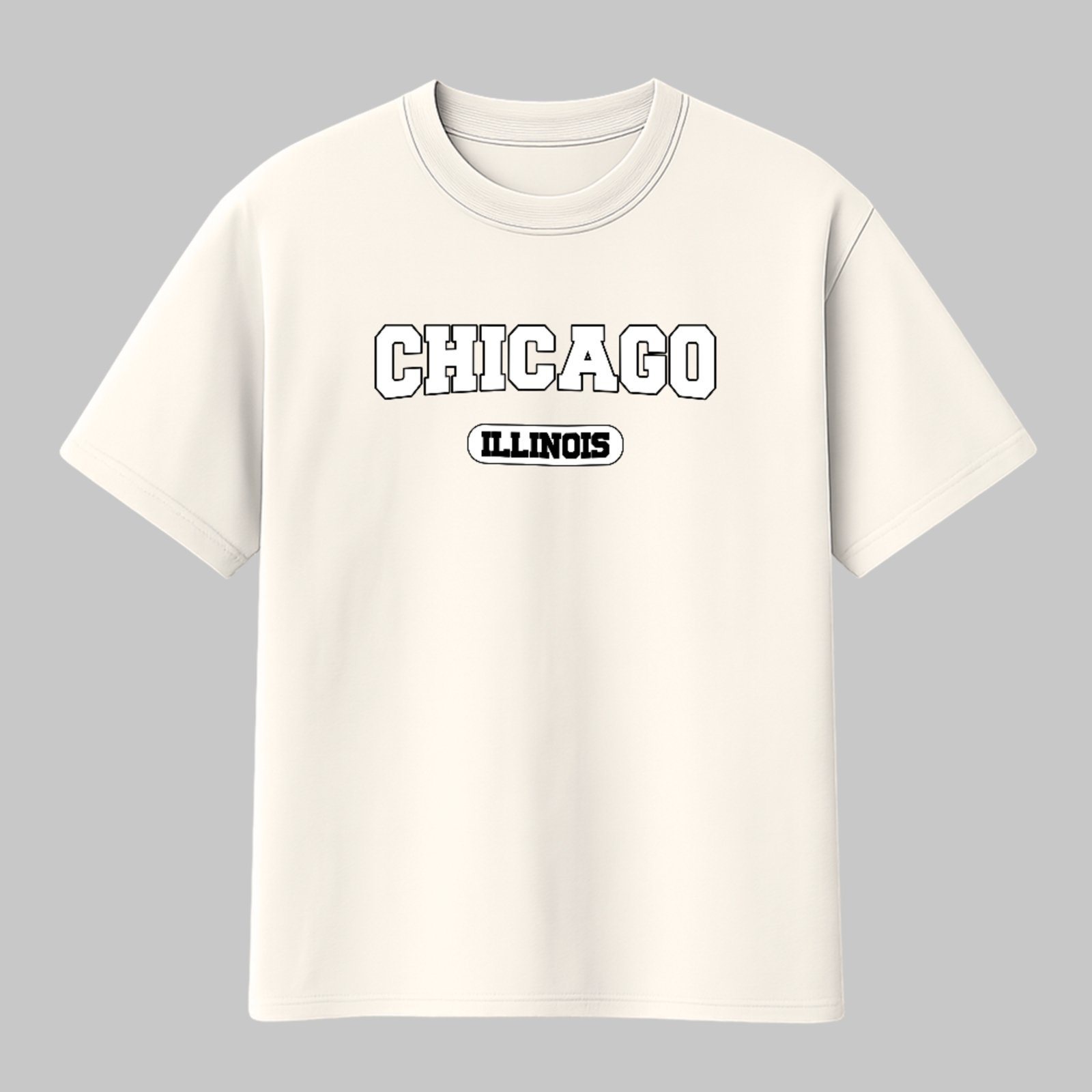 Camiseta Básica Chicago Illinois Estilo Urbano Vintage Unissex Off White