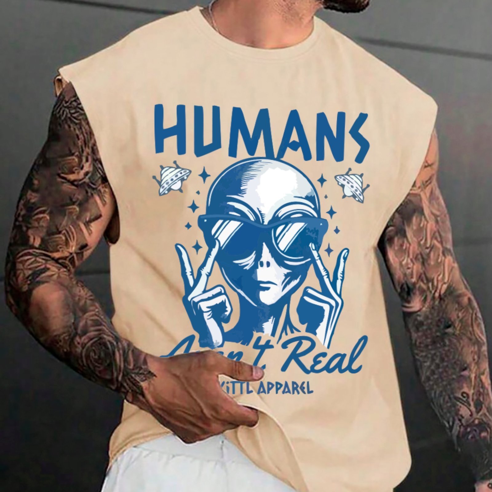 Camiseta Regata Machão Ousy Alien Humans Arent Real Oversized Masculina Off White