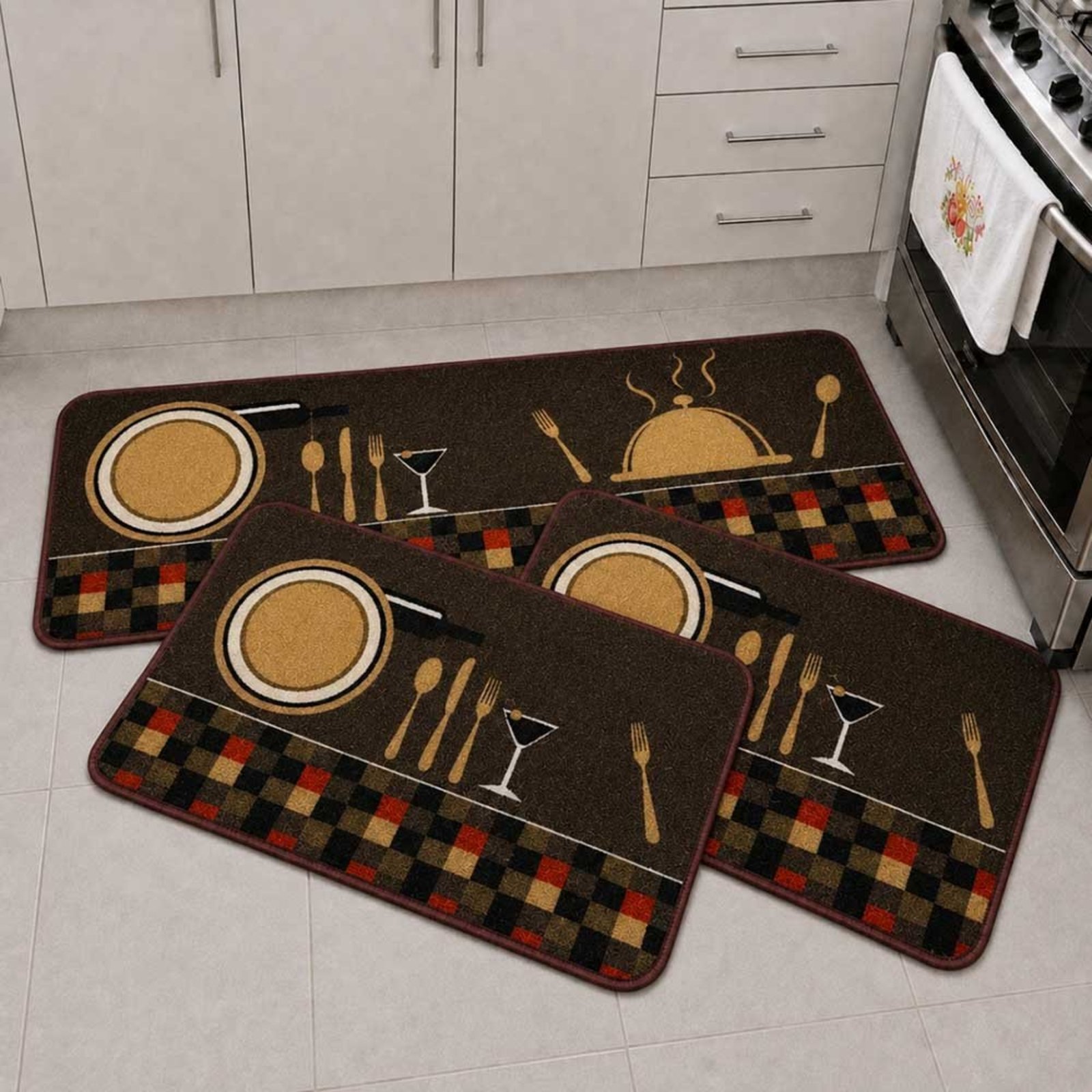 Kit Tapete para Cozinha 3 Peças Passadeira Antiderrapante Emborrachada Carpete Gourmet