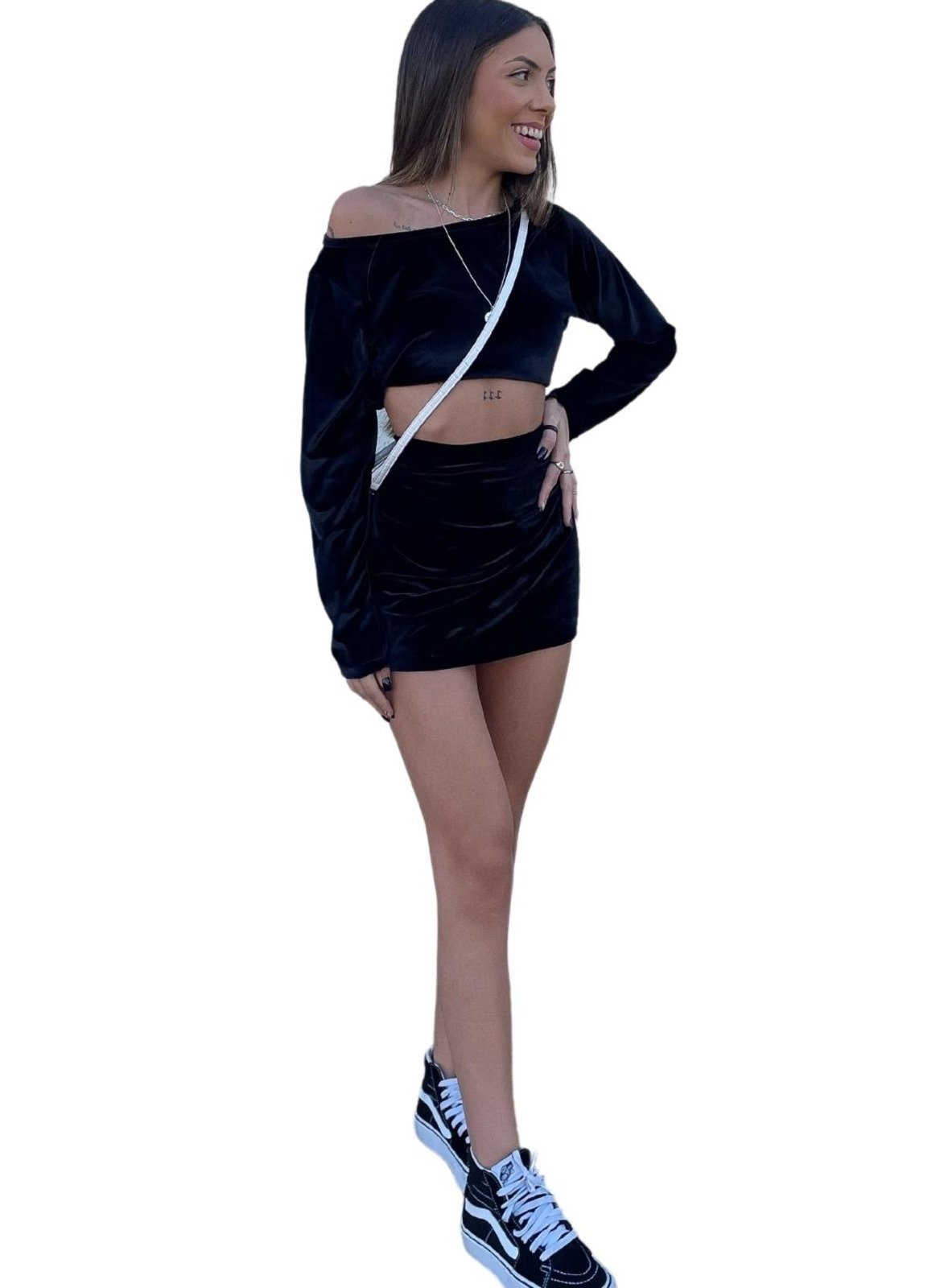 Conjunto Veludo Carol Saia e Cropped Preto