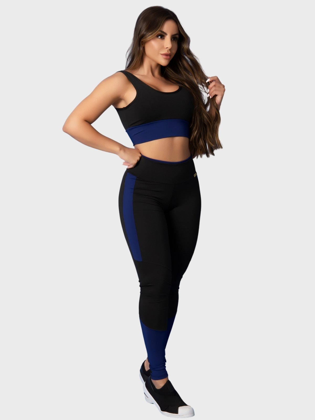 Conjunto Fitness Tarelles Top Calça Legging Cintura Alta Preto e Azul Marinho