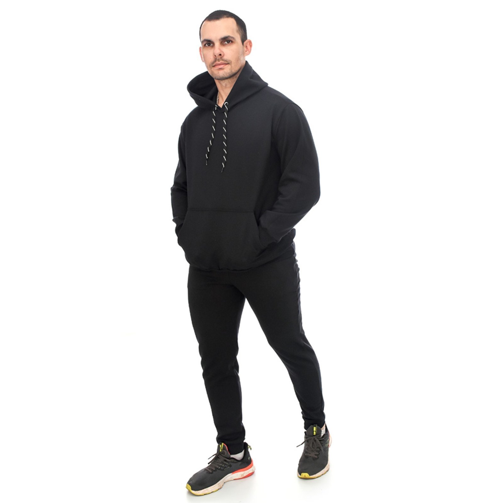 Conjunto Em Moletom Blusa Canguru e Capuz E Calça Estilo Jogger Adulto Preto Aliarthe
