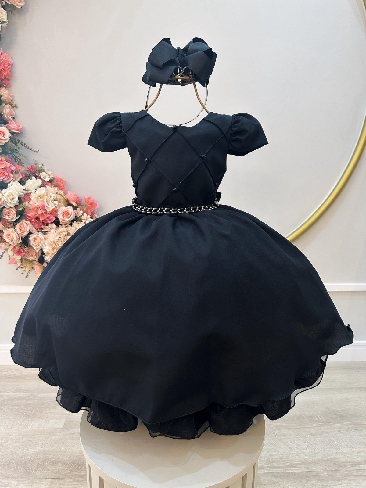 Infantil - Vestido Menina Juvenil Festa Preto Pérolas Formatura Casamento Juvenil Princesa Social Rodado Florista Dama Daminha Aniversário Luxo