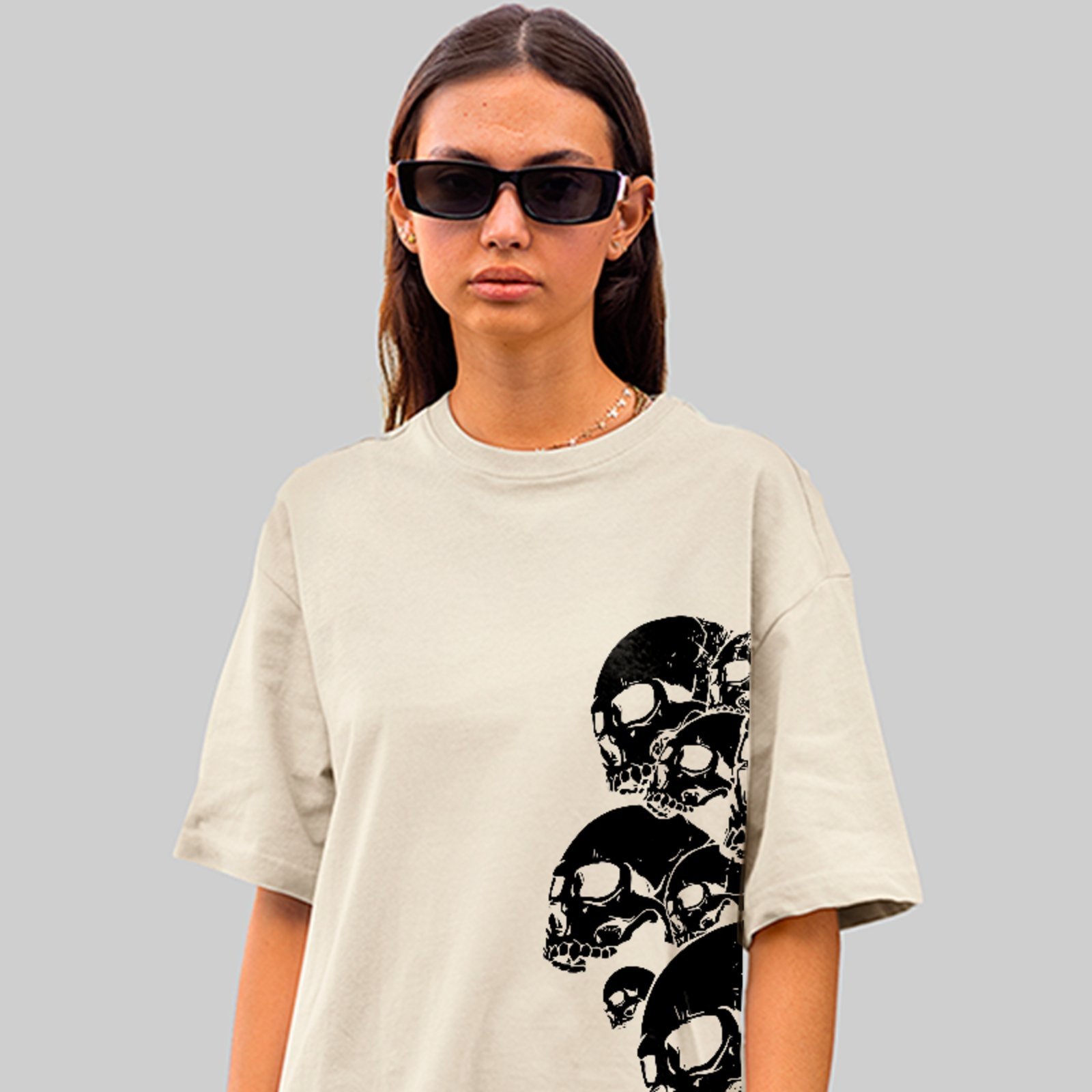 Camiseta Oversized Caveira Skull Arte Dark Street Unissex Off White