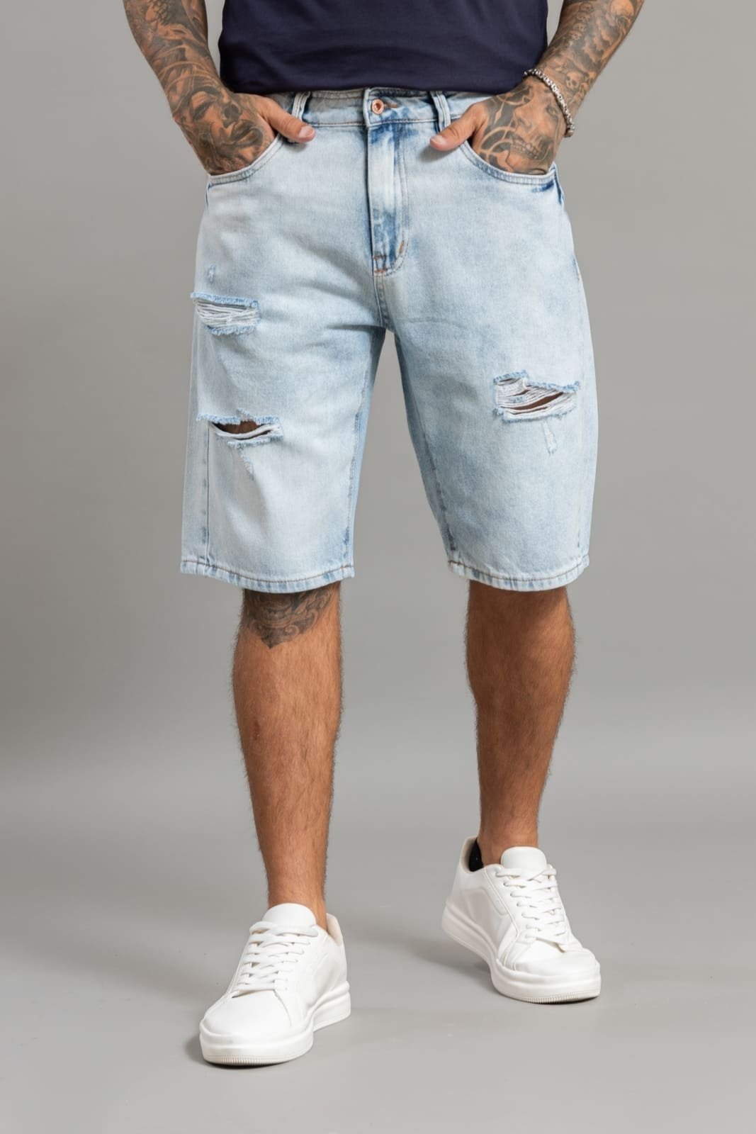 Bermuda Jeans Masculina Destroyer Lavagem Clara Dialogo Azul
