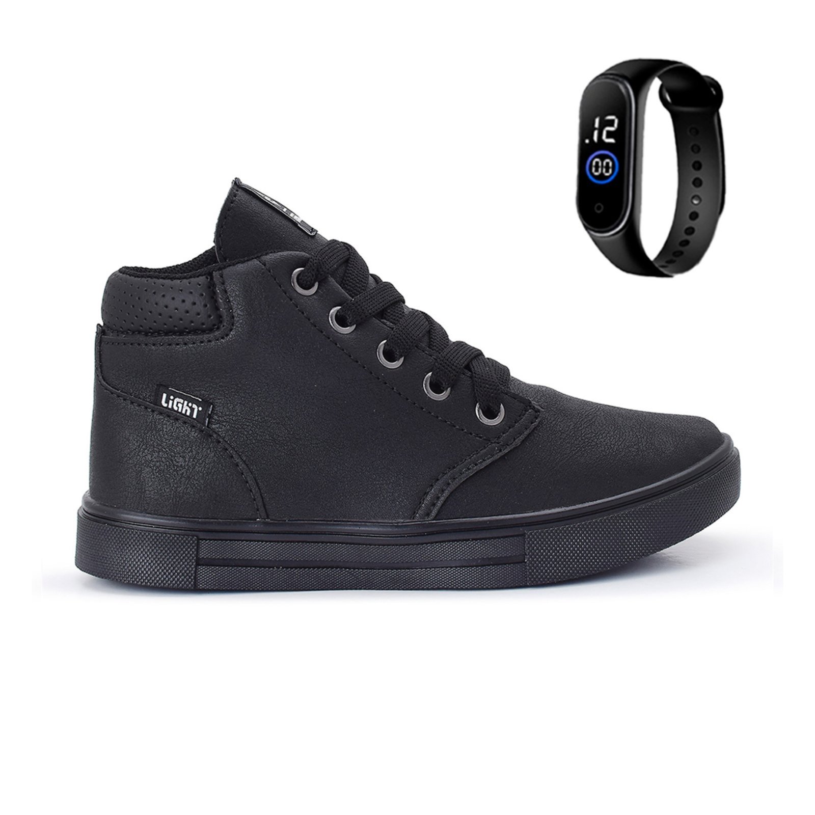Infantil – Tenis Botinha Meninos Casual Cano Alto Confortavel + Relogio Preto