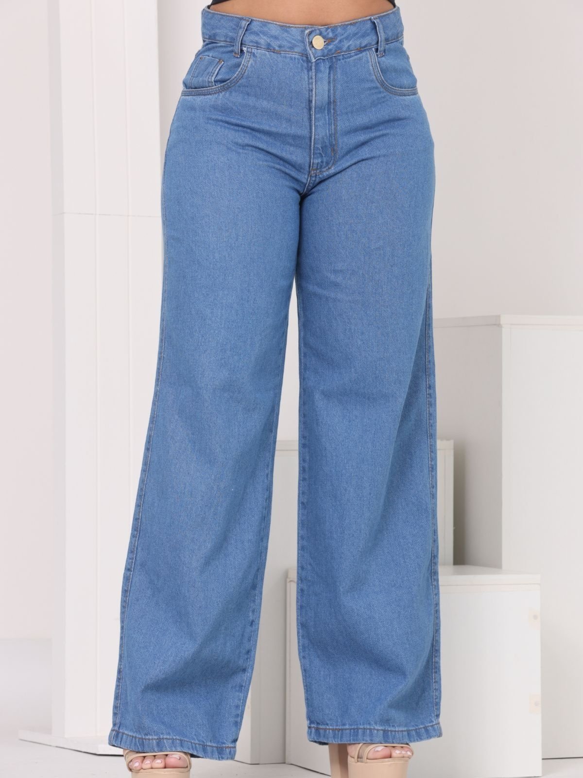 Calça Donna De Paula Wide Leg Azul Médio Cintura Alta Pantalona Feminina