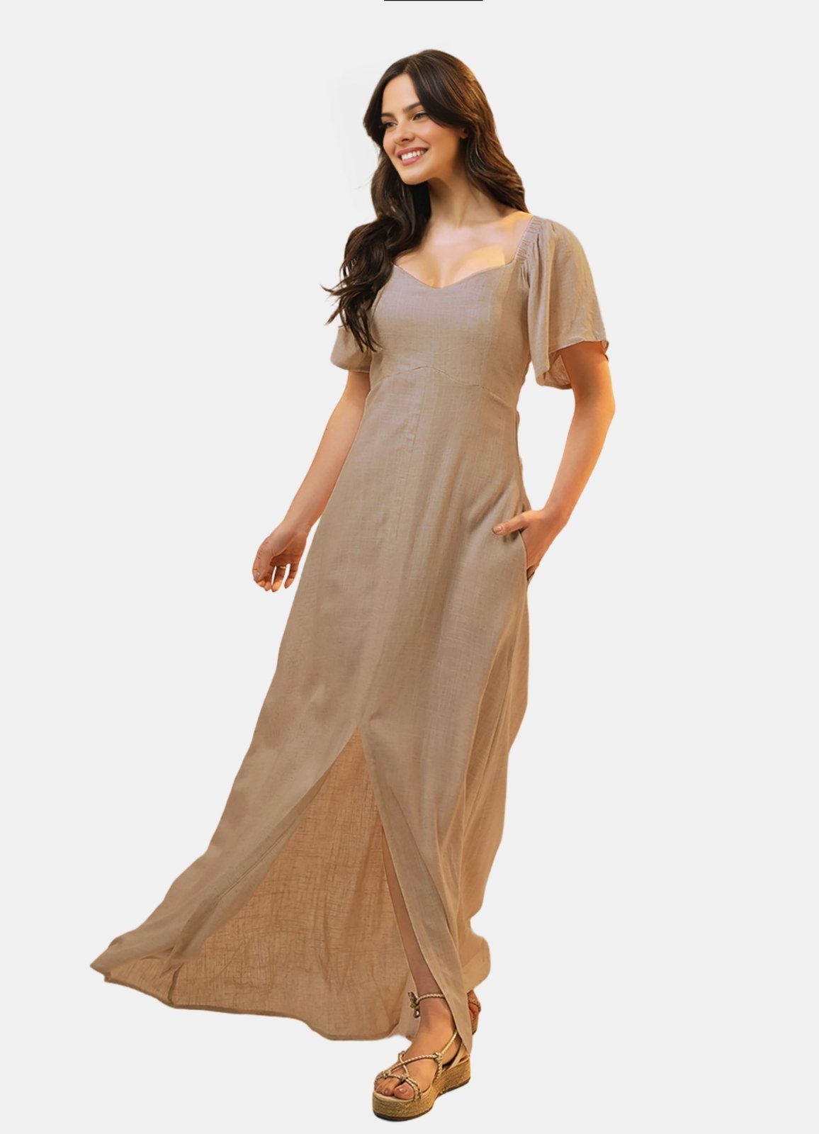 Vestido Longo de Linho Bege Mocca com Mangas e Bolso Marrom