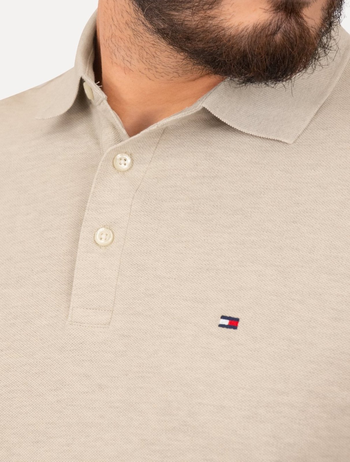 Vista 3 Polo Tommy Hilfiger Masculina Slim Piquet 1985 Areia Mescla bege Tommy Hilfiger bege