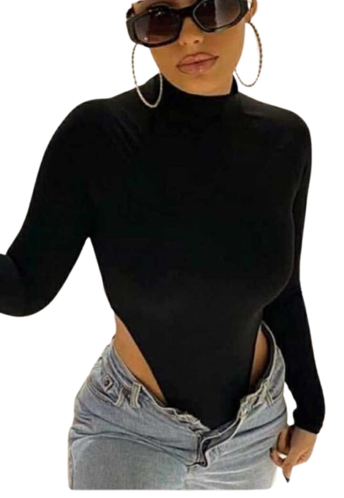 Body summer body Feminino Moda Cavado Manga Longa Blogueira preto