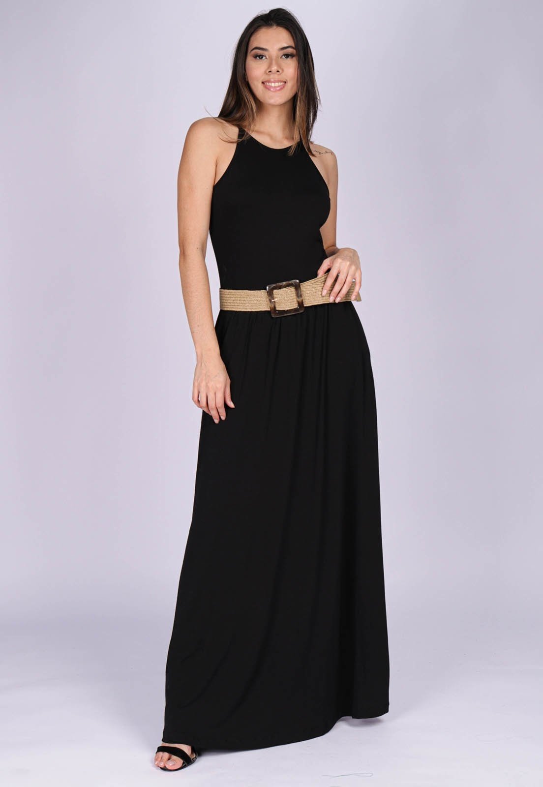 Vestido Longo Malha Trapézio com Bolso Jennifer Preto