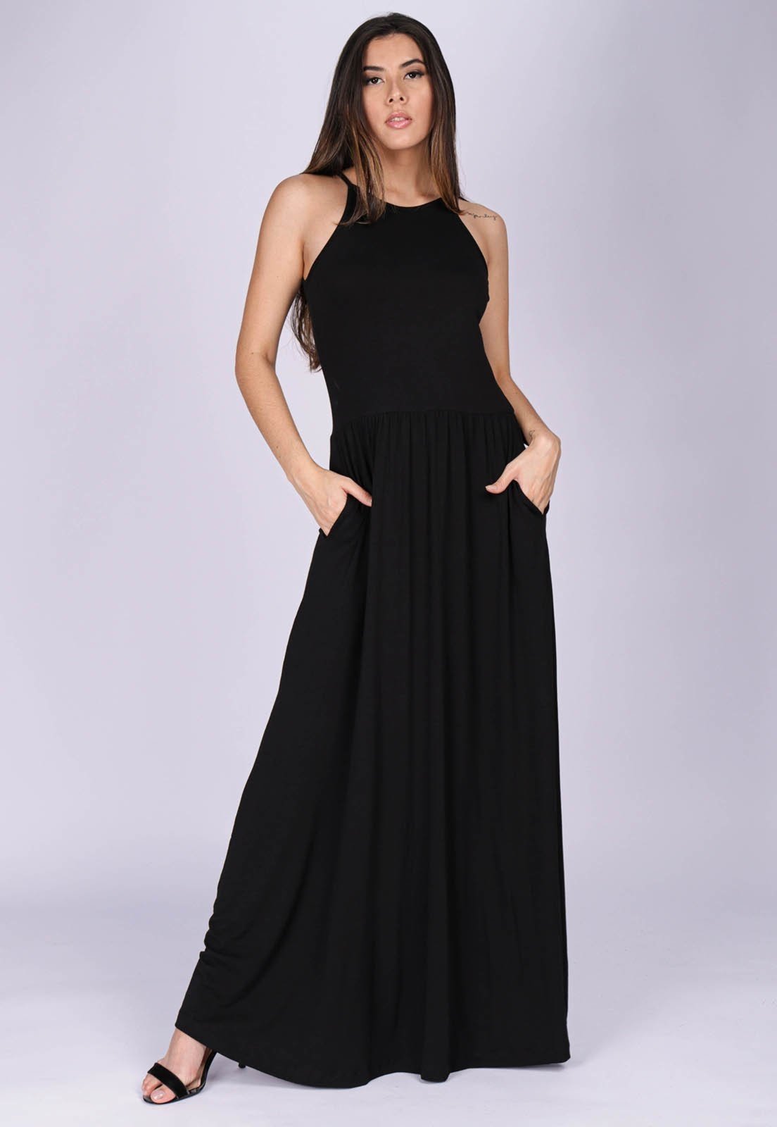 Vista 3 Vestido Longo Malha Trapézio com Bolso Jennifer preto preto