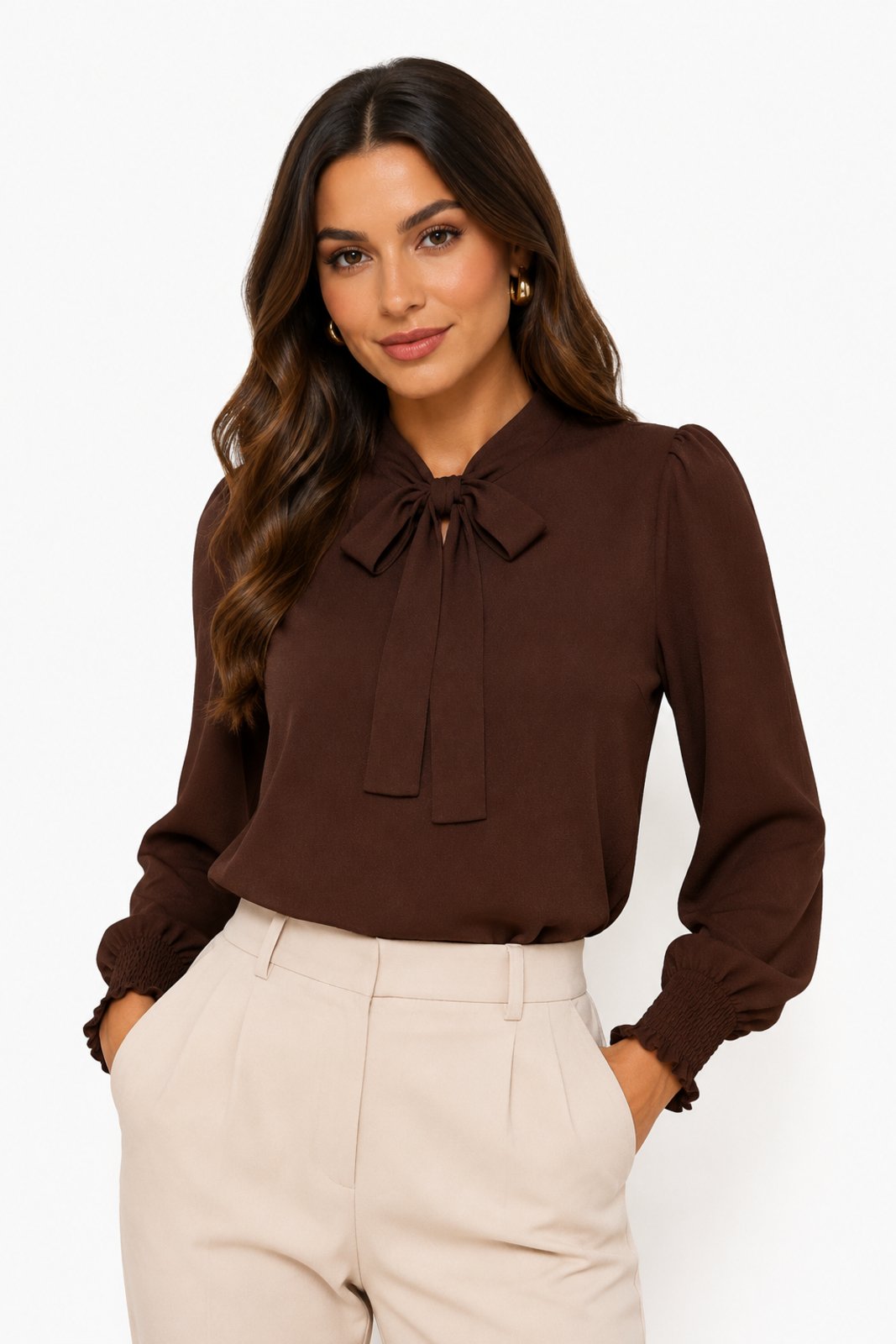 Blusa Social D Bell Outlet Fashion Com Laço Marrom