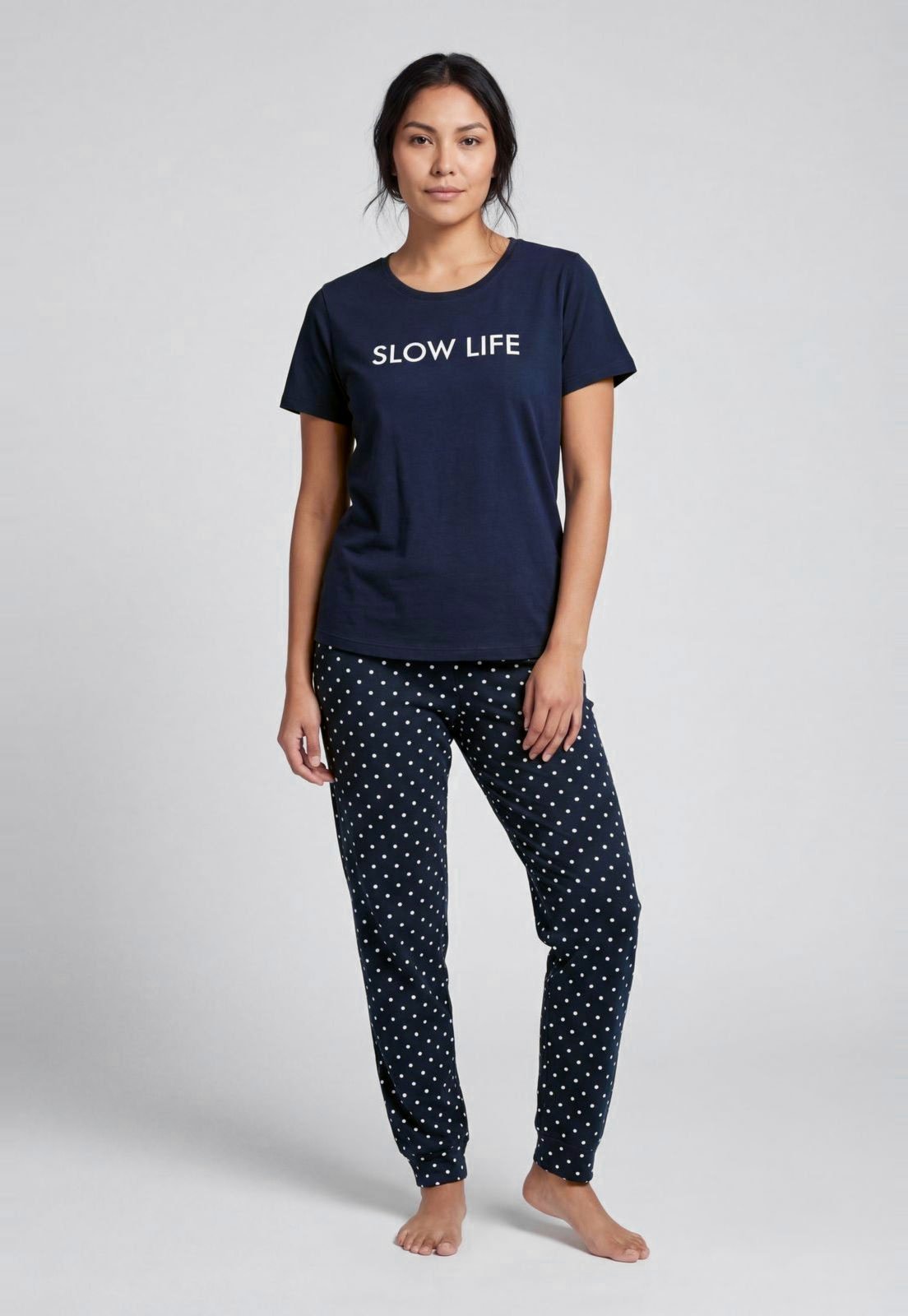 Pijama Feminino Hering Estampa Bolinhas Azul Marinho