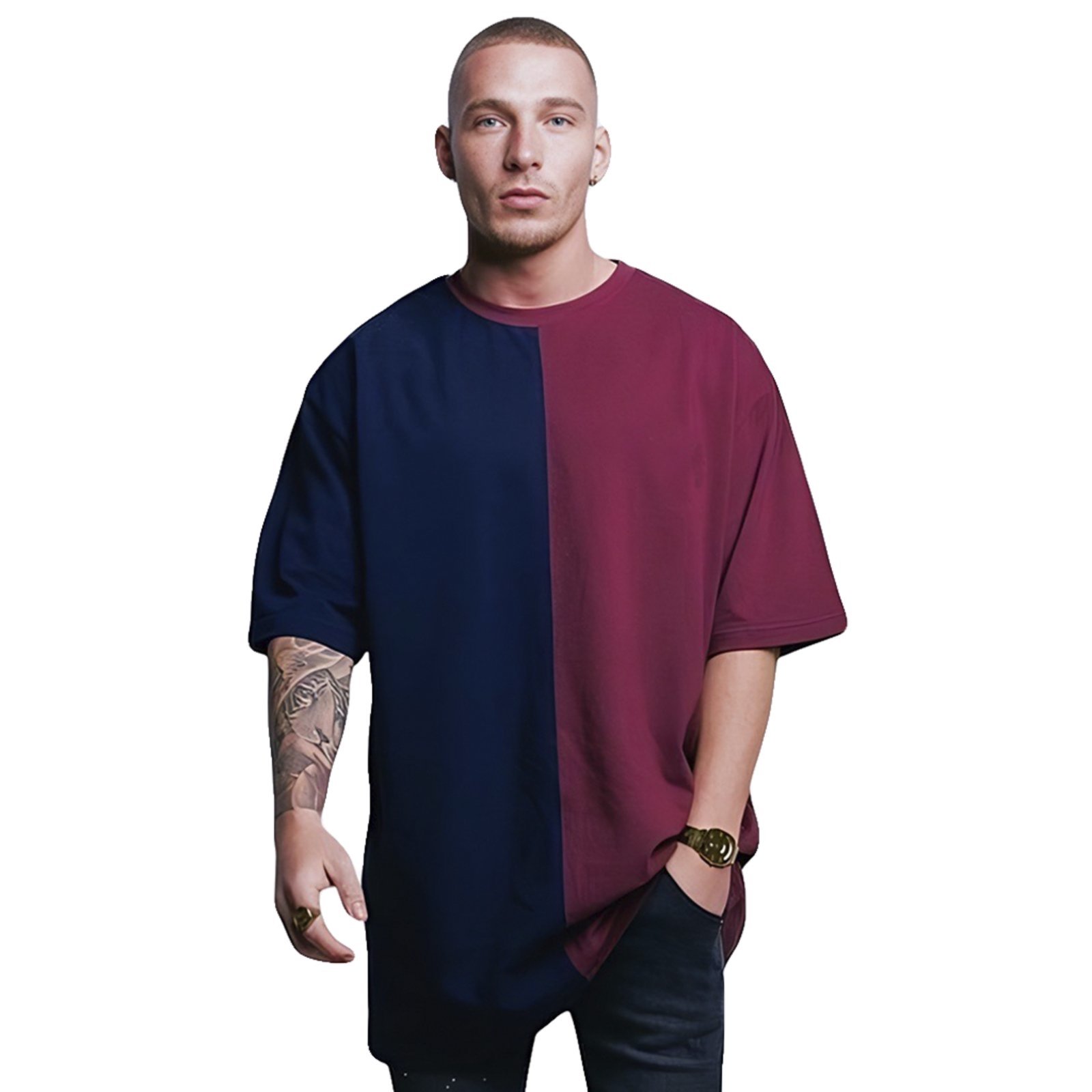 Camiseta Larga Oversized Algodão Bicolor Stecchi