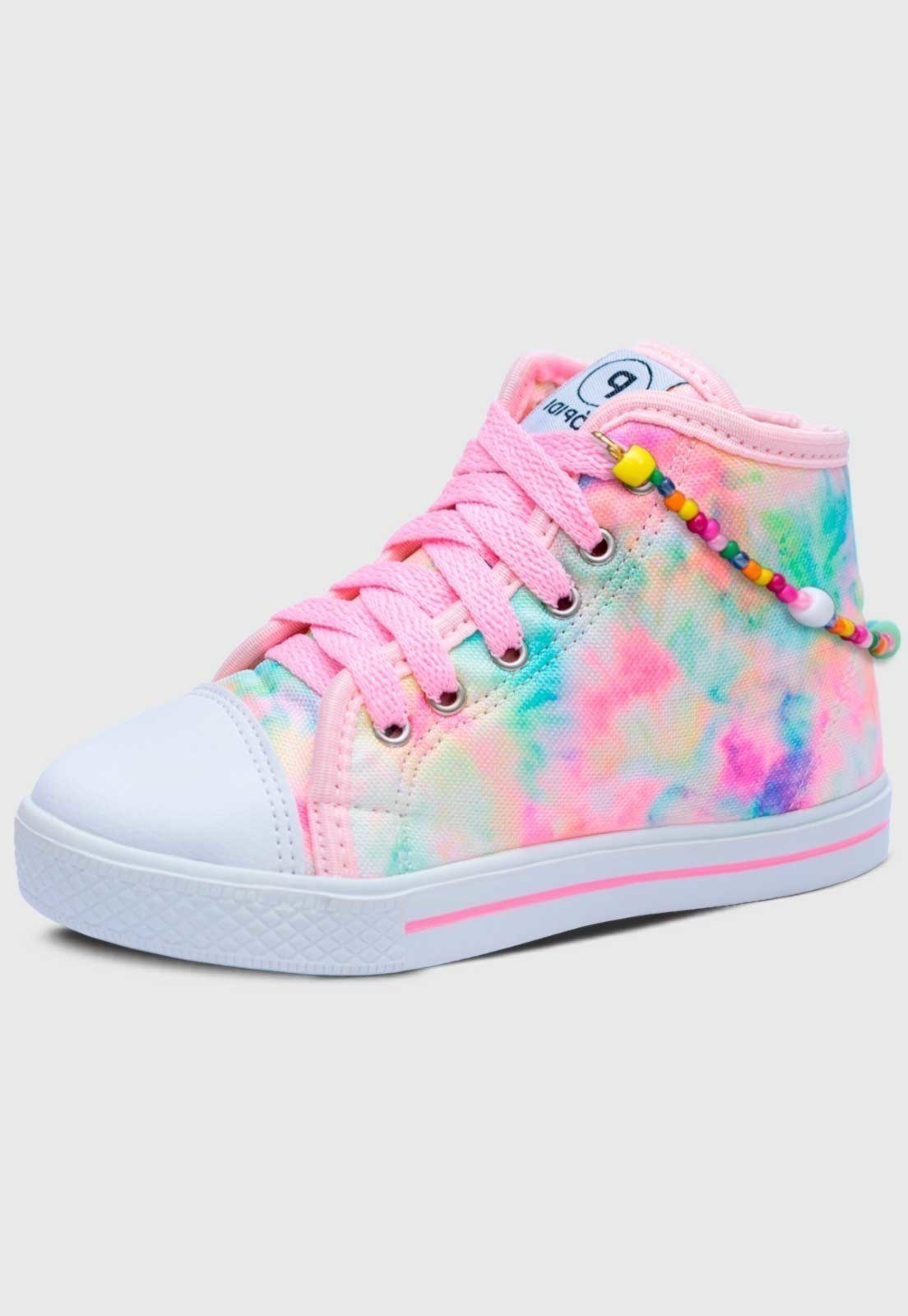Vista 2 Infantil - Tenis Pop Star Feminino Popidi Menina Cano Alto Tie Dye e Pulseira multicolorido Pópidí multicolorido