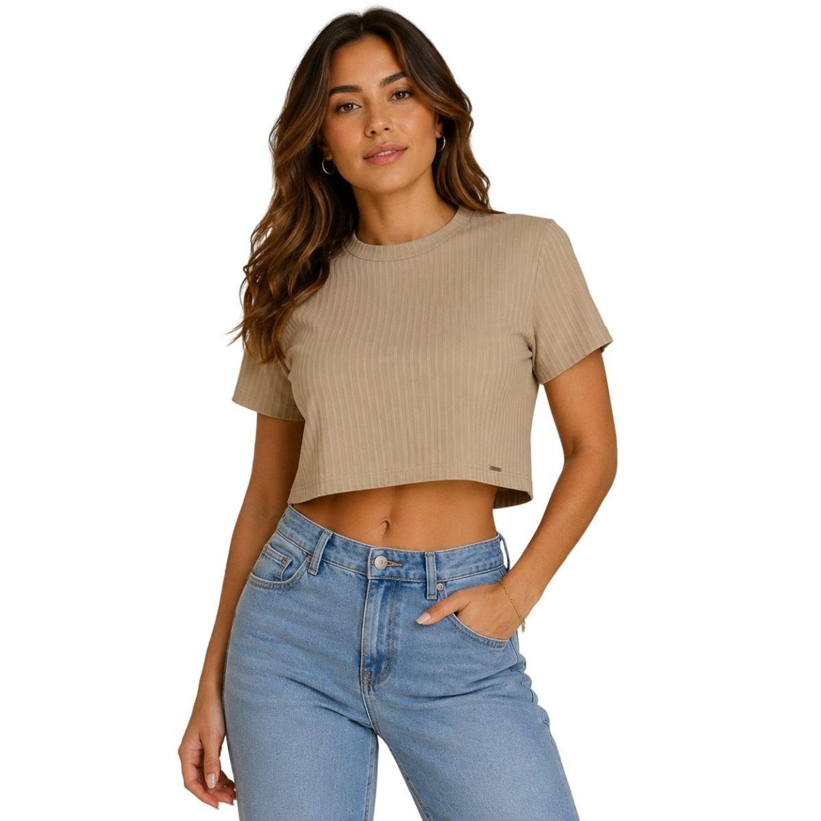 Blusa Cropped Manga Curta Básica Feminina Lunender 00467 Bege