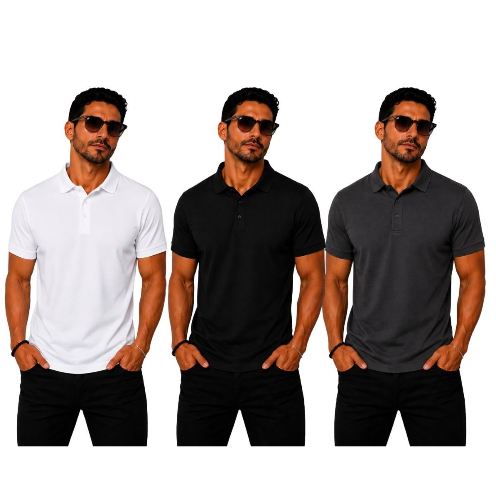 Kit 3 Camisas Polo Poliamida Masculina Básica Premium Multicolorido