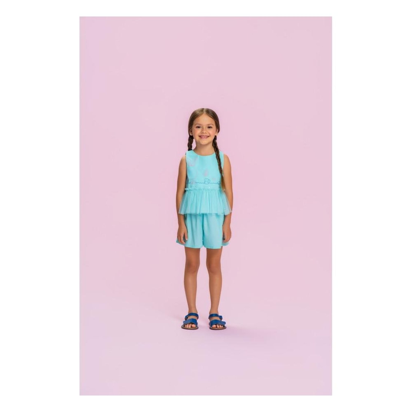 Infantil - Conjunto Feminino Blusa Tule Shorts Mon Sucré Azul 1 Azul