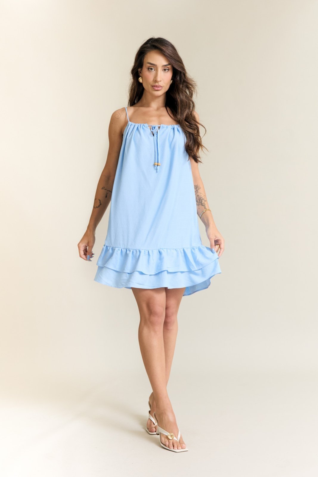 Vestido Curto Soltinho Alças Finas Babado Azul Lemier Collection