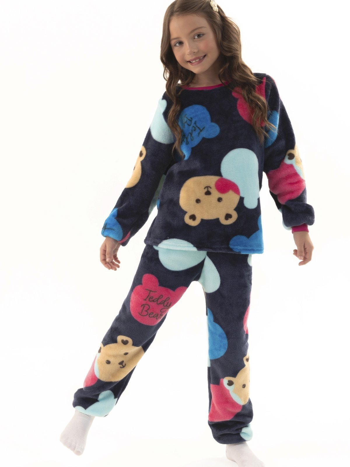 Pijama de Inverno Menina em Soft Fleece Peluciado Quentinho Ursinhos Doces Azul Marinho