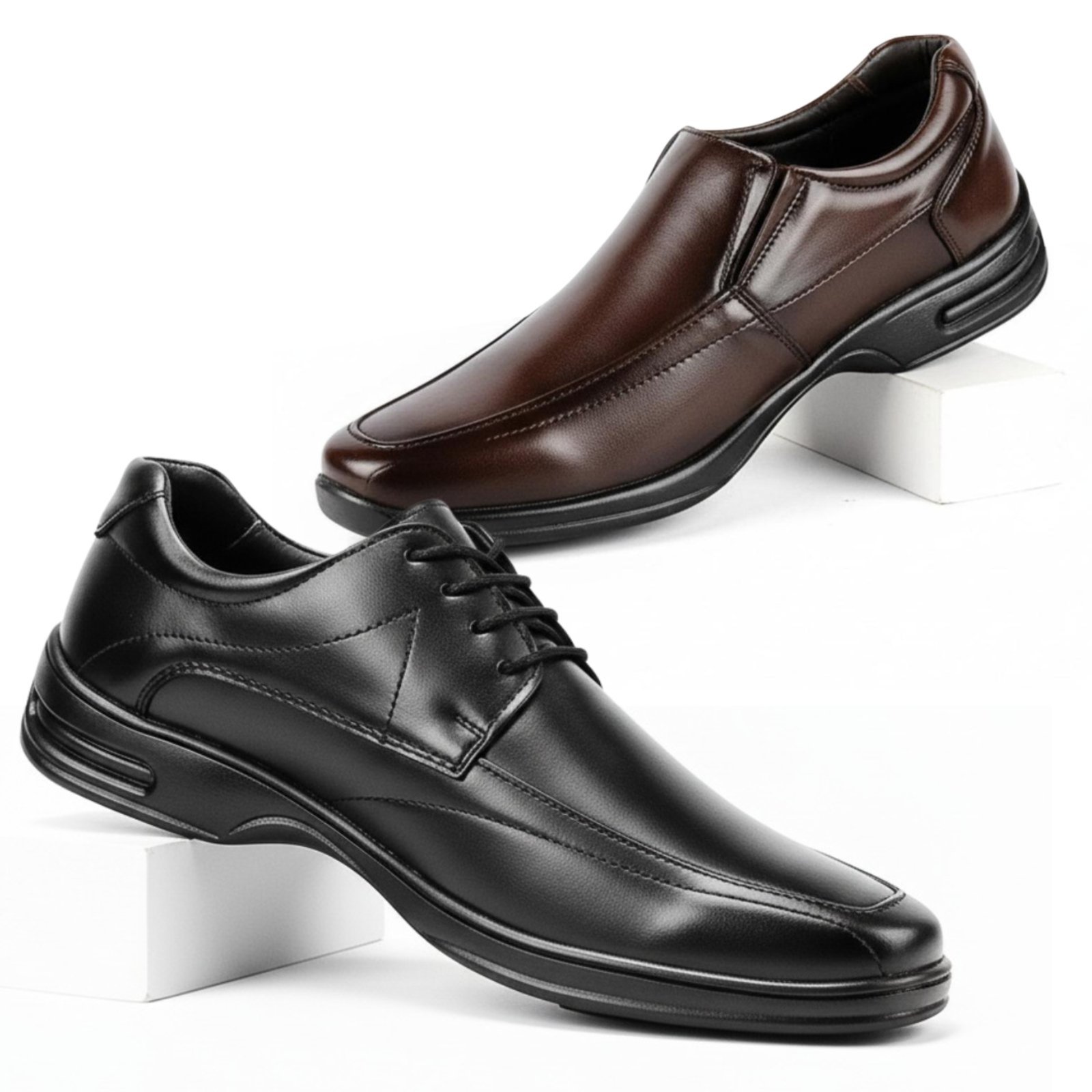 Sapato Social Masculino Kit 2 Pares Mocassim Café Loafer com Calçado Social Preto Oxford Conforto