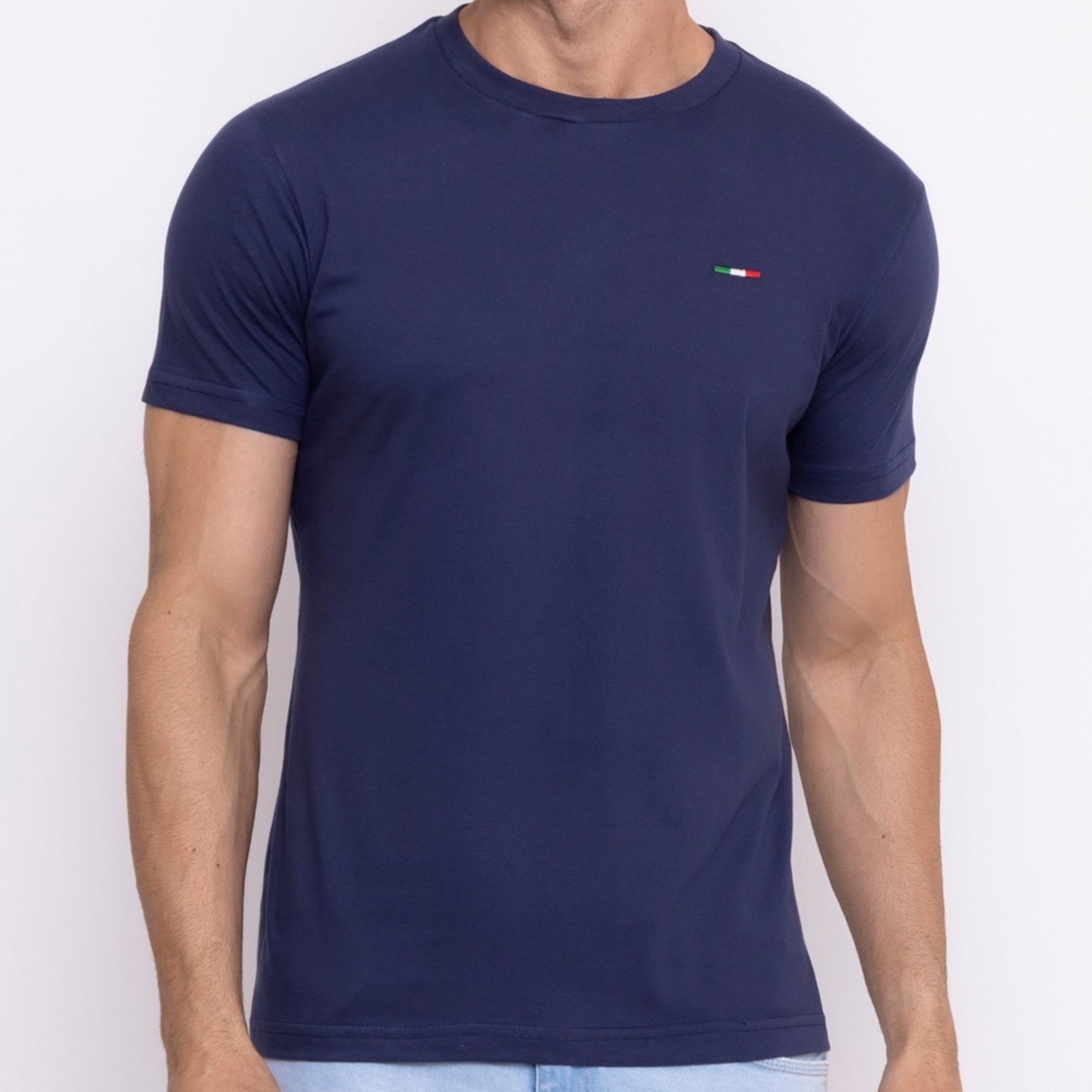 Camiseta Masculina Básica FMF com Bordado no Estilo Tommy Algodão Premium Itália Marinho