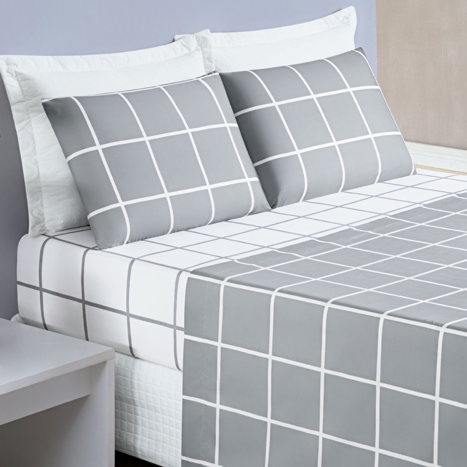 Jogo Cama Lençol Casa Scarpa Brooklyn Queen Quadriculado Micropercal 200 Fios 4 Peças - Cinza