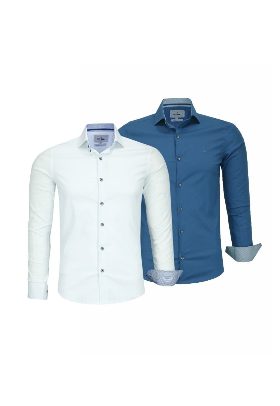 Kit 2 Camisas Manga Longa Algodão/Elastano Luxo 1808 Branco e Petróleo