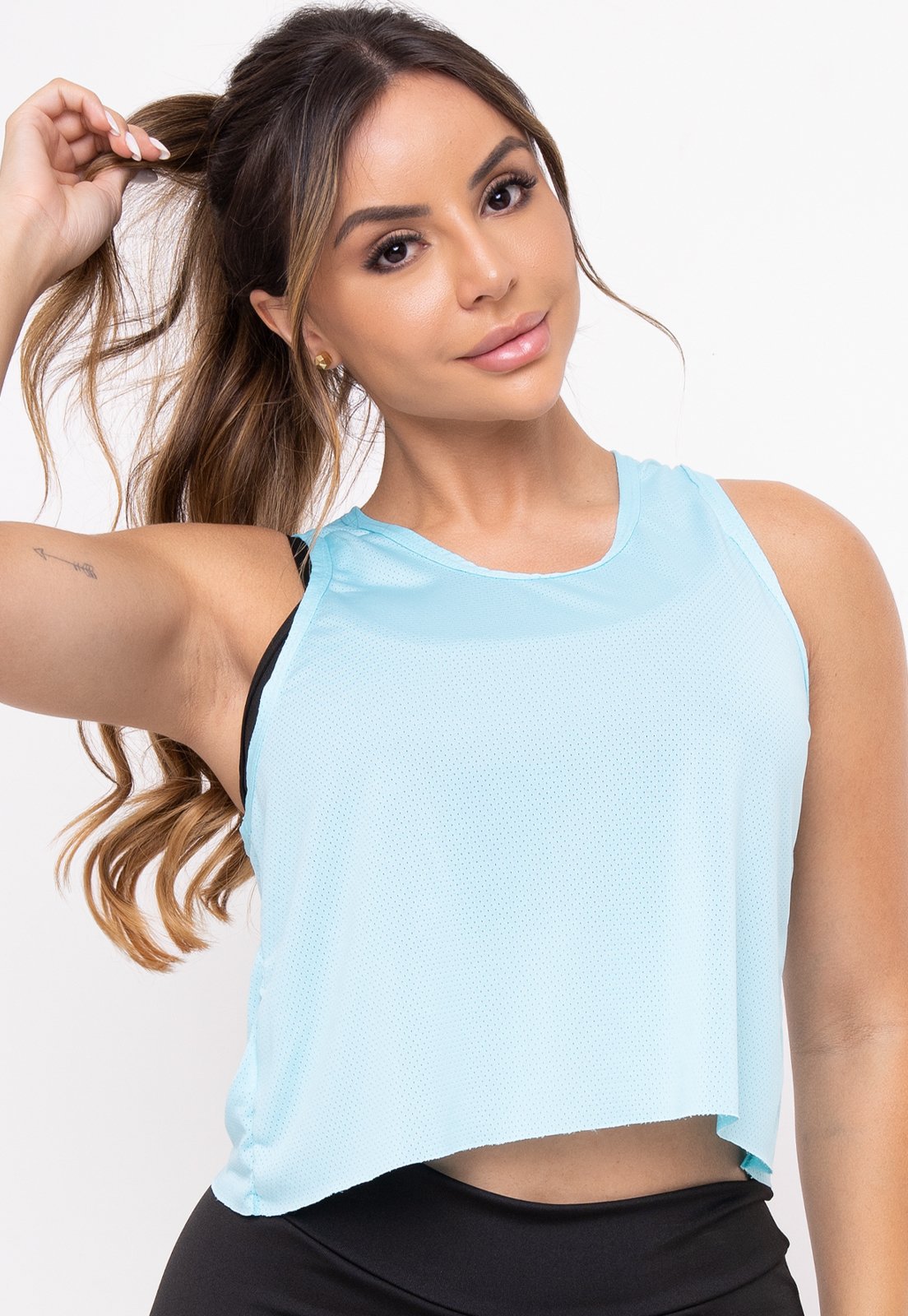Cropped Feminino Camiseta Regata Dry Fit Furadinha Fitness Blusa Tela Feminina Academia 193 Azul