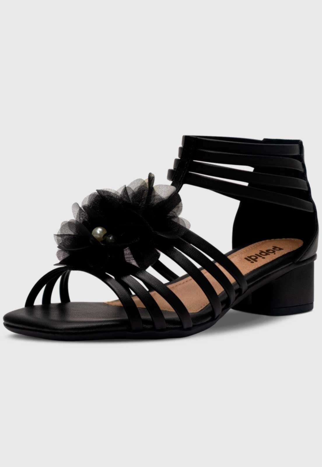 Vista 2 Infantil - Sandália Gladiadora Menina Moda Flor Pérola Salto Grosso Pópidí dourado Pópidí dourado