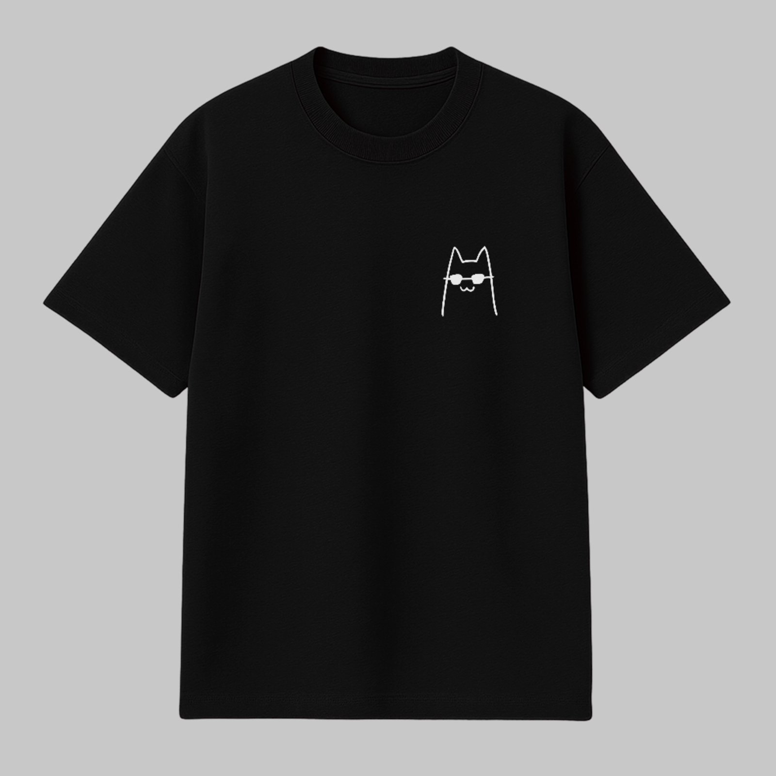 Camiseta Básica Gato Minimalista Óculos Estilo Clean Preto