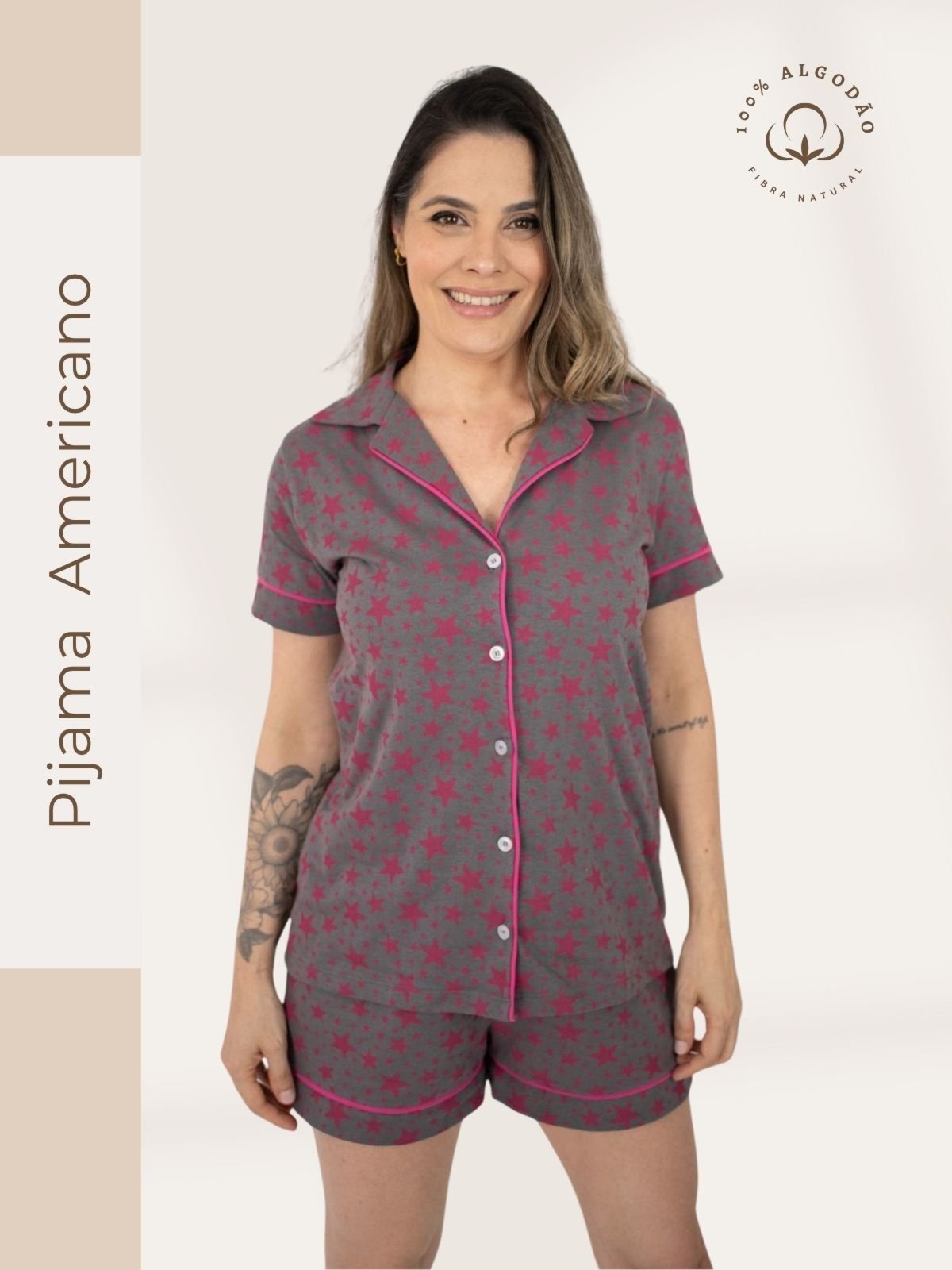Pijama Algodão Americano Curto Flávia Estrelinhas – Chumbo