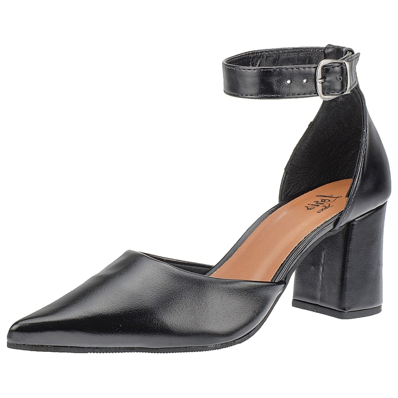 Sandália Scarpin Fivela Lóris Shoes Bico Fino Salto Alto Grosso Preto