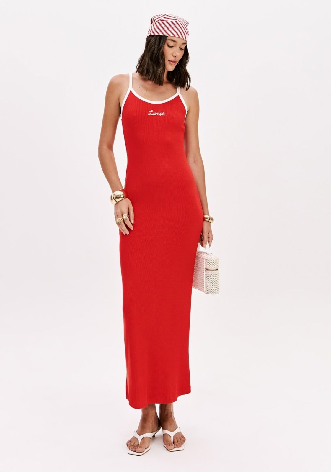 Vestido Canelado Super Midi Com Bordado Lança Perfume