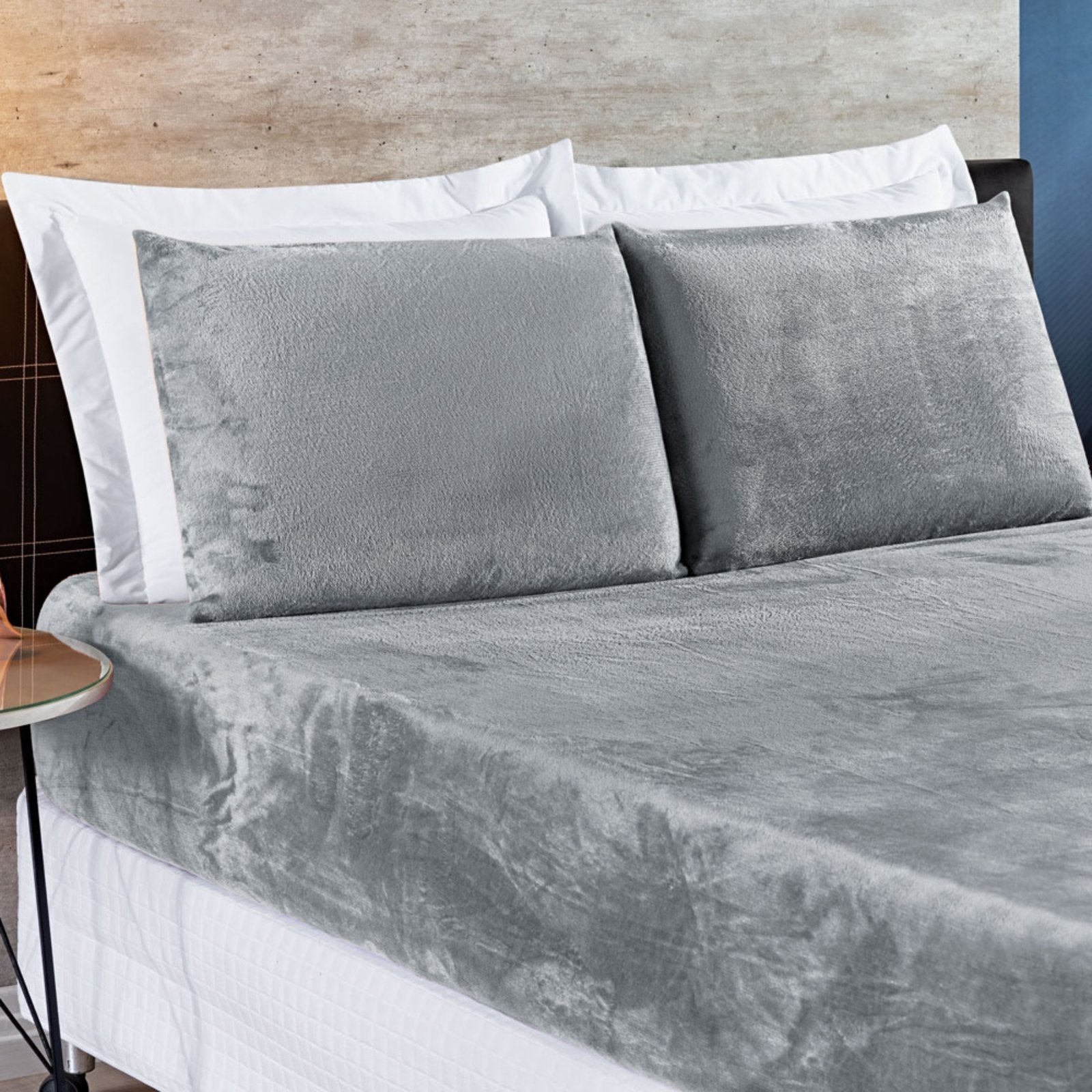 Jogo Cama Lençol Casa Scarpa BiaSoft Casal Padrão Manta Flannel Quente 3 Peças - Cinza