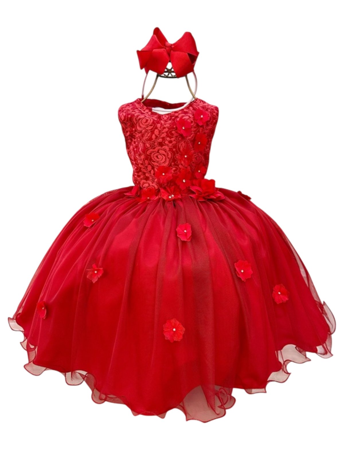 Infantil - Vestido Menina Juvenil Festa Vermelho Formatura Casamento Florista Dama Daminha Aniversário Luxo Flores Renda Rodado Social Juvenil