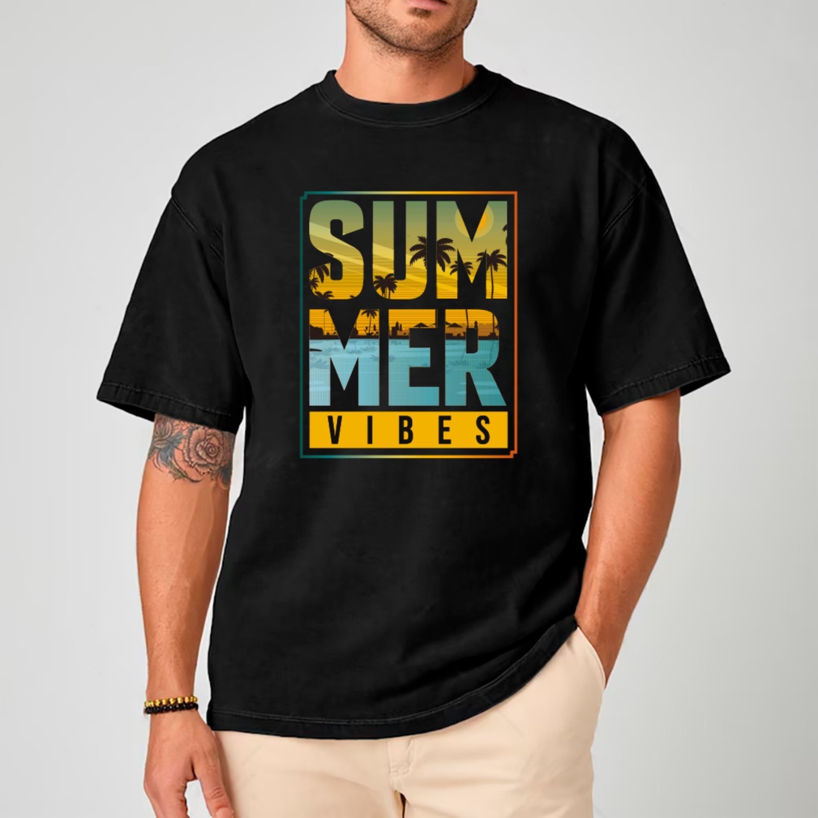 Camiseta Ousy Básica Summer Vibes Paradise Vibes Unissex Preto