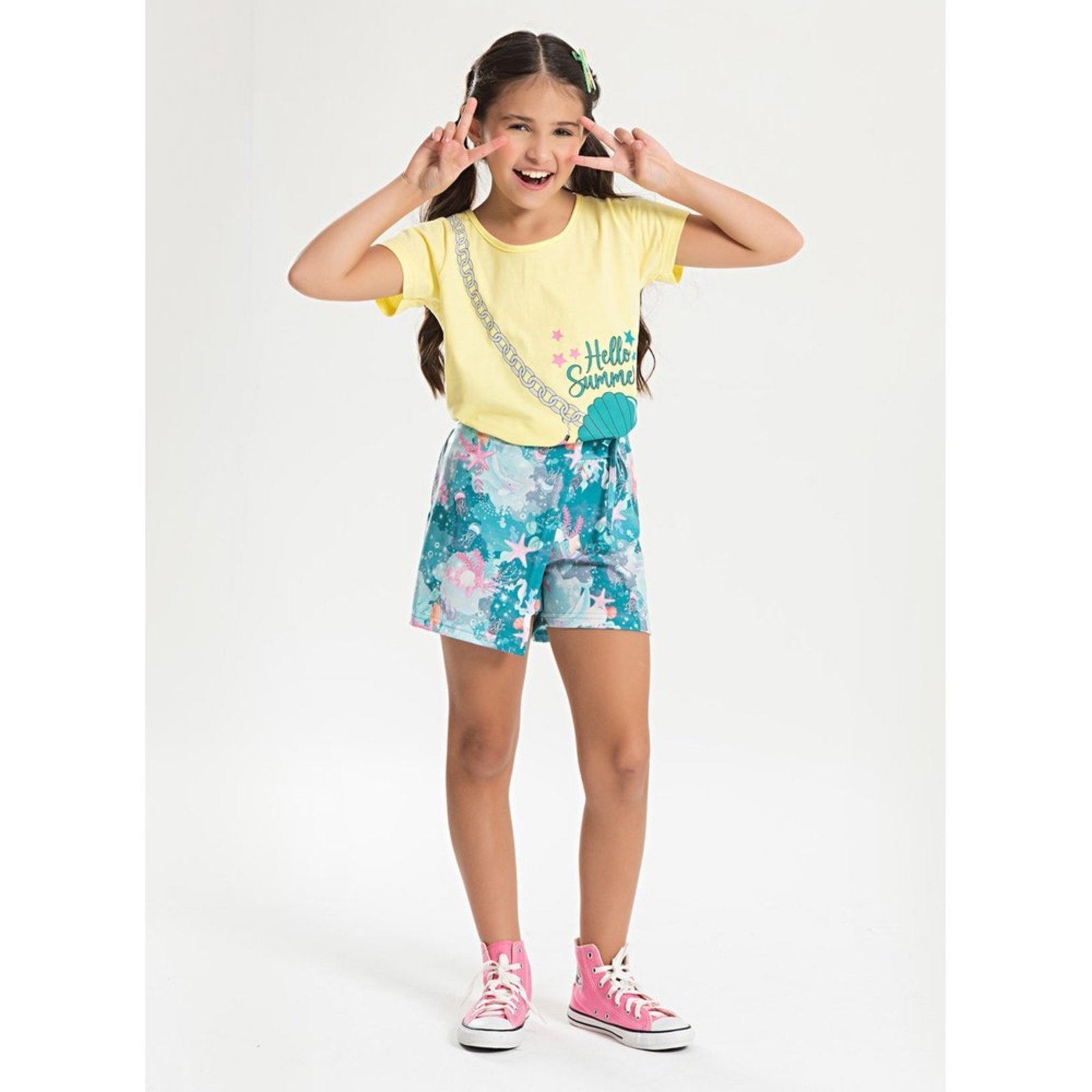 Infantil - Conjunto Verão Menina Amarelo Blusa e Shorts Saia Concha do Mar