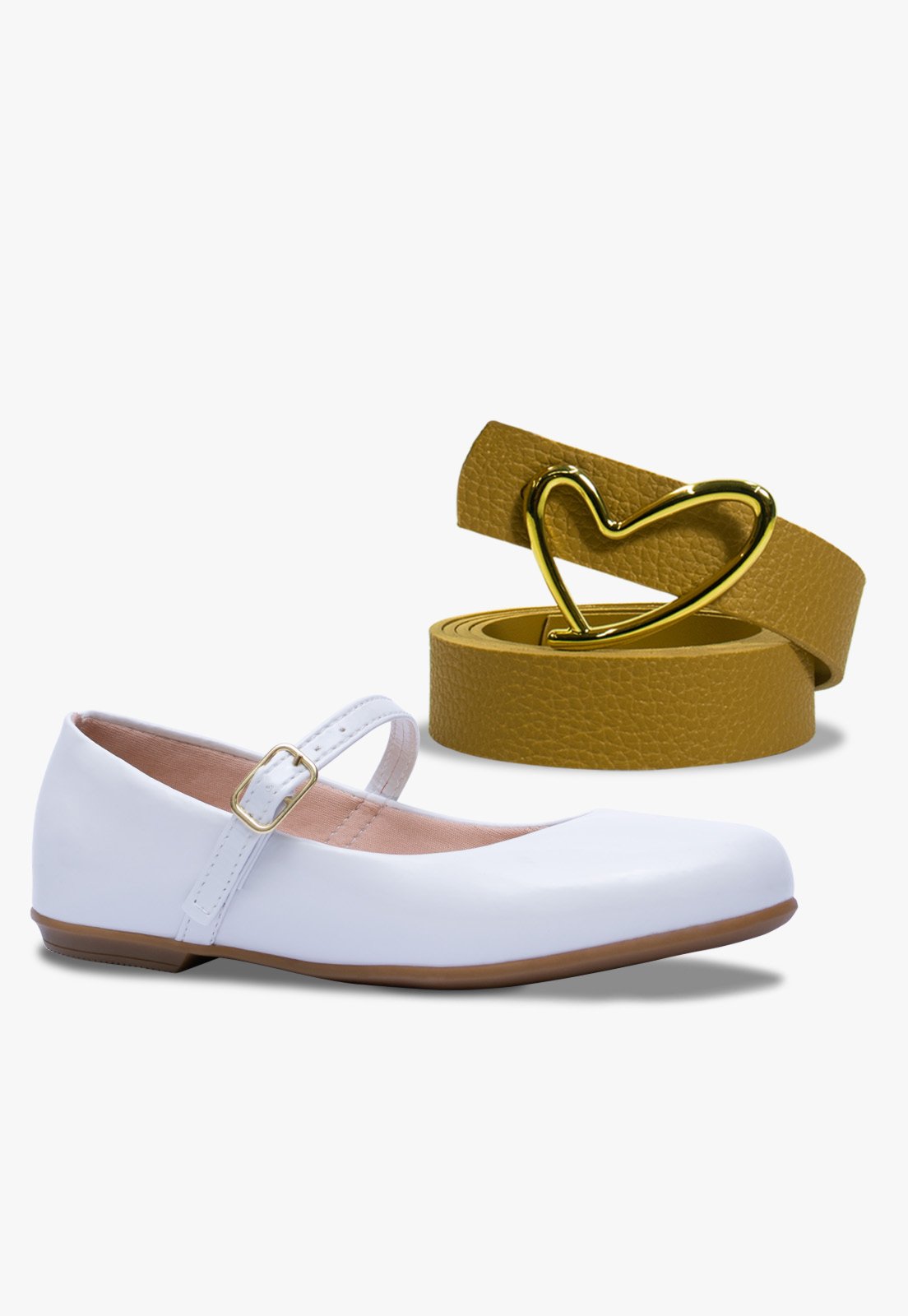 Infantil – Kit Cinto e Sapatilha Rasteira Pópidi Menina Branco com Caramelo