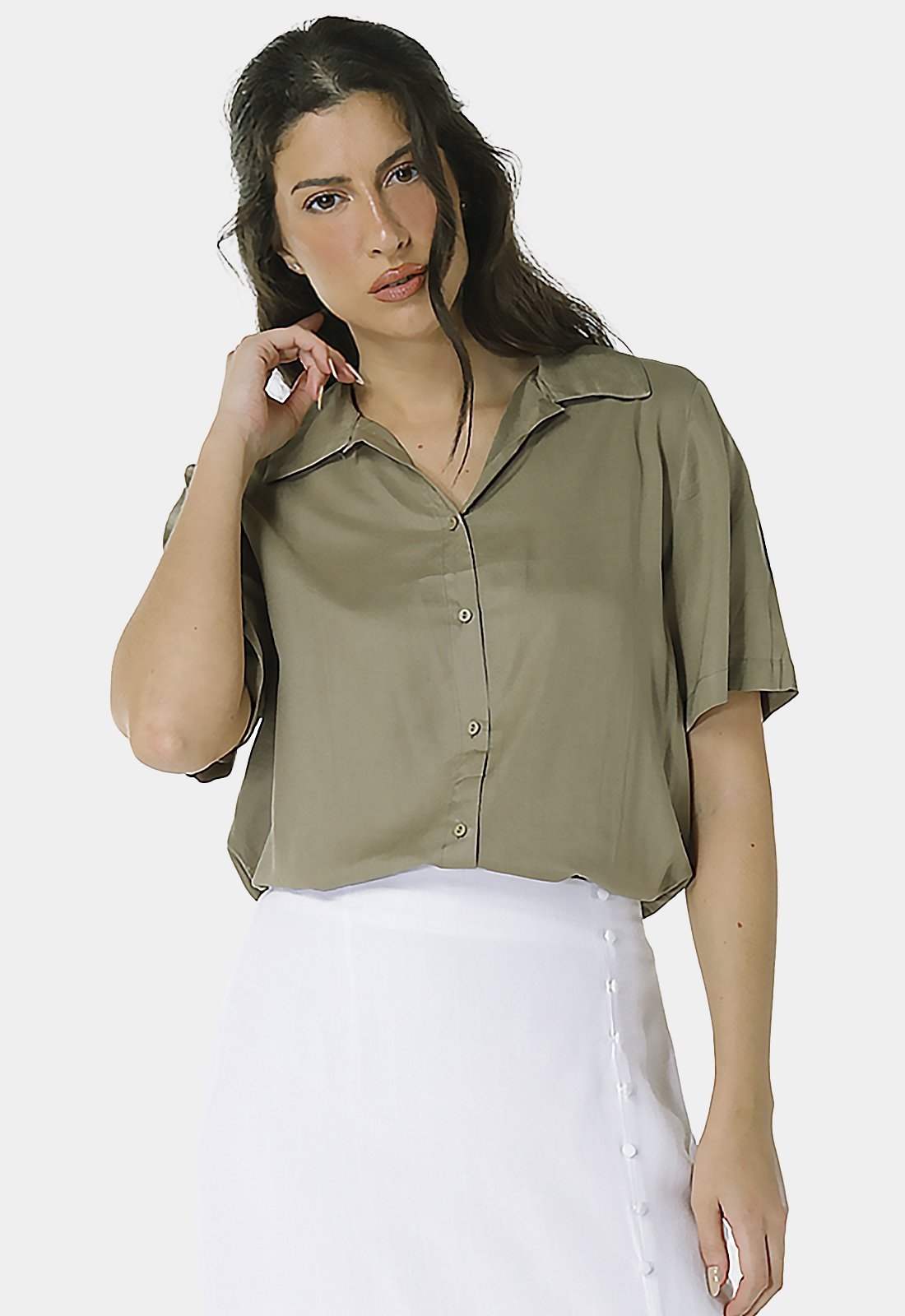 Camisa de Linho com Viscose Manga Curta Verde Sob