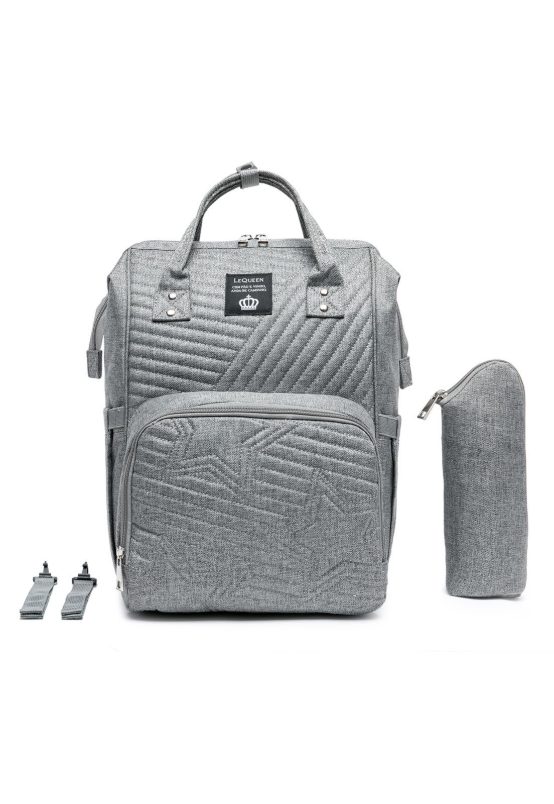Infantil - Mochila Maternidade Mamãe Lequeen Impermeável Porta Mamadeira Térmico Cinza Claro