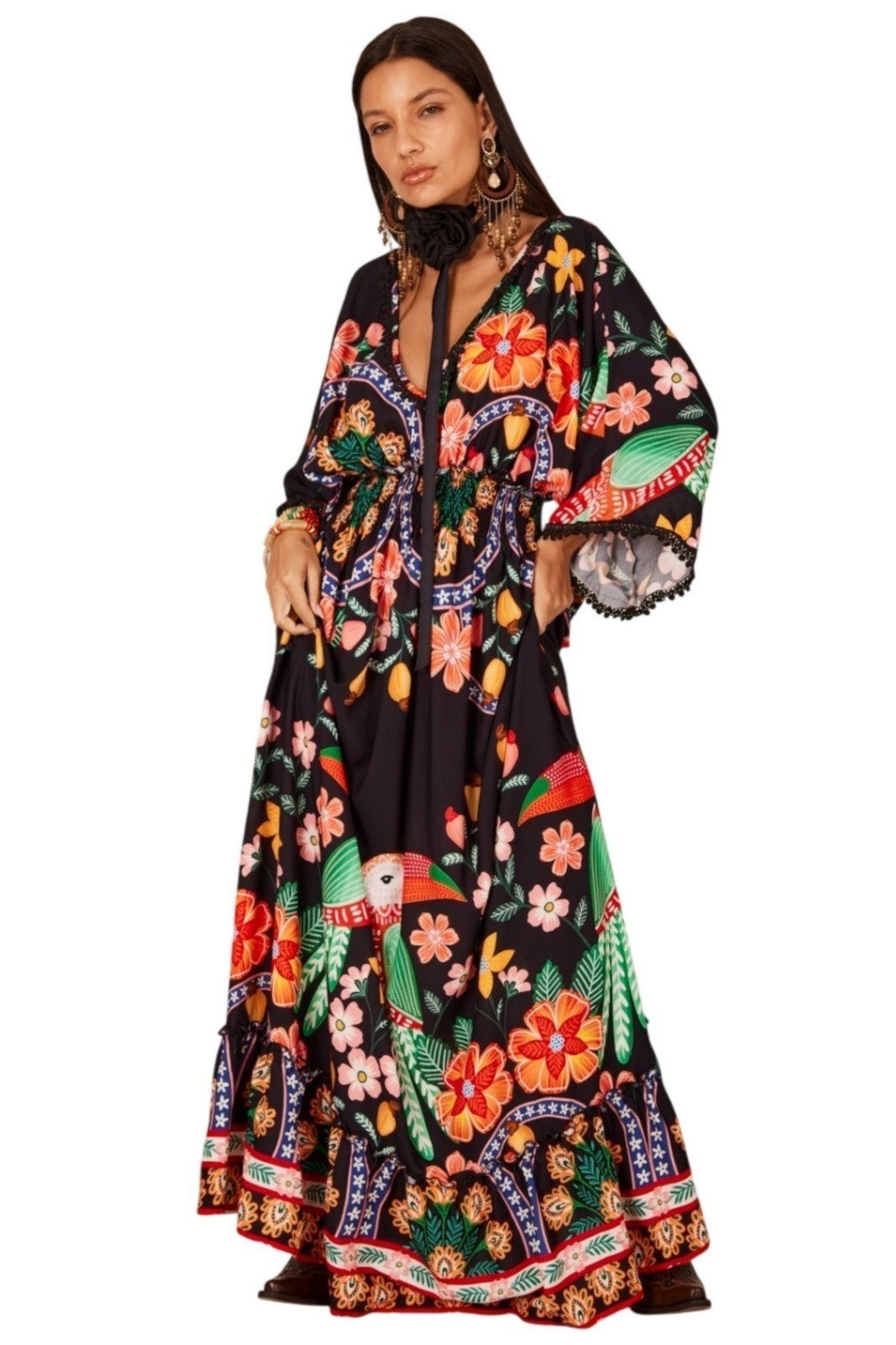 Vestido Longo Com Decote Em V Cavado Preto Estampado Yacamim C11 – Estampado