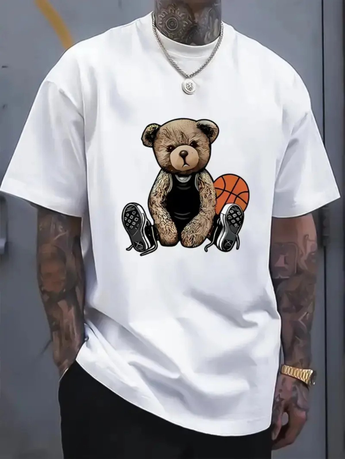 Camiseta Estampada Oversized Basquete Urso Safira Moda Algodão Branca