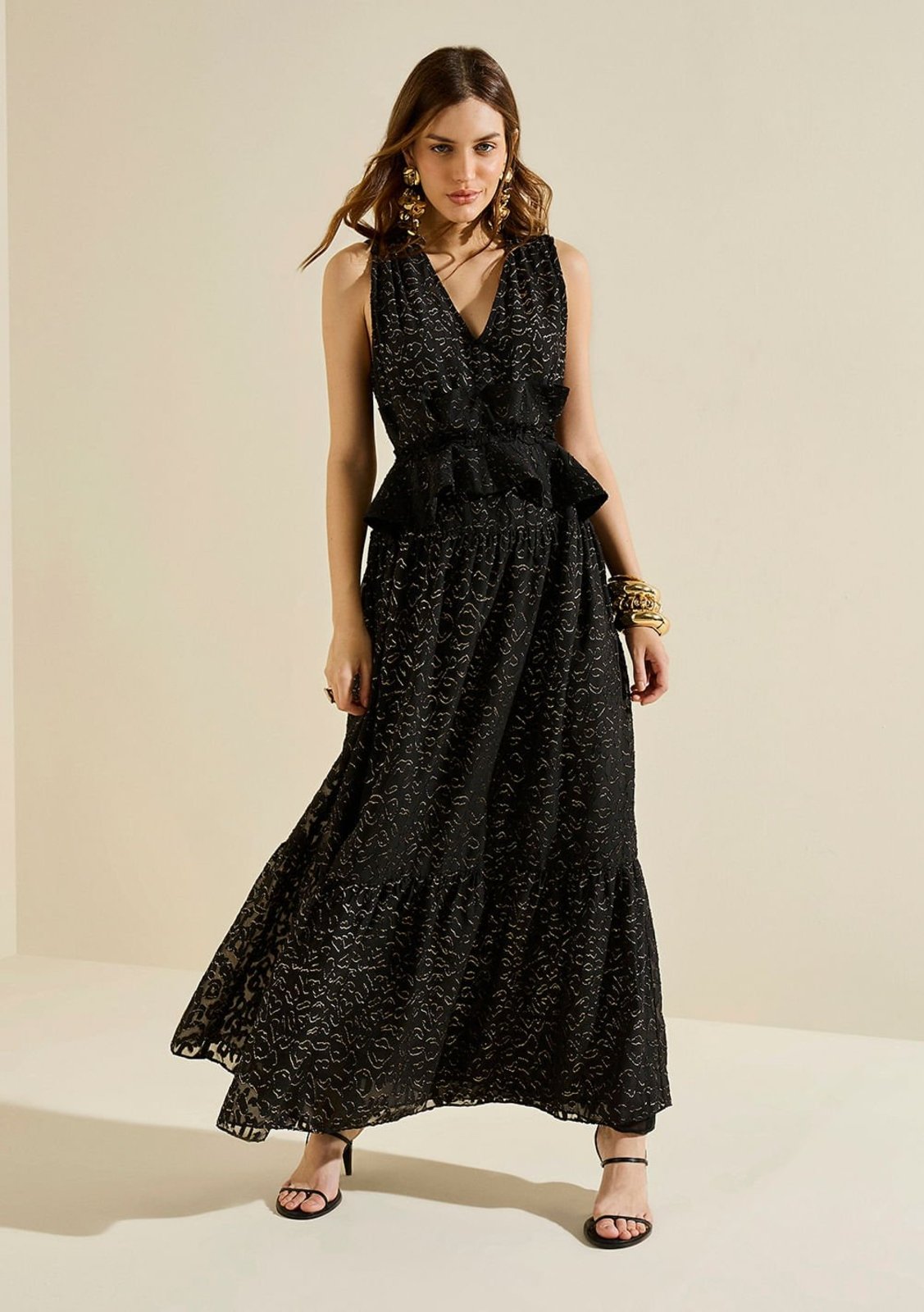 Vestido Morena Rosa Solto Decote V Sem Manga Longo Preto