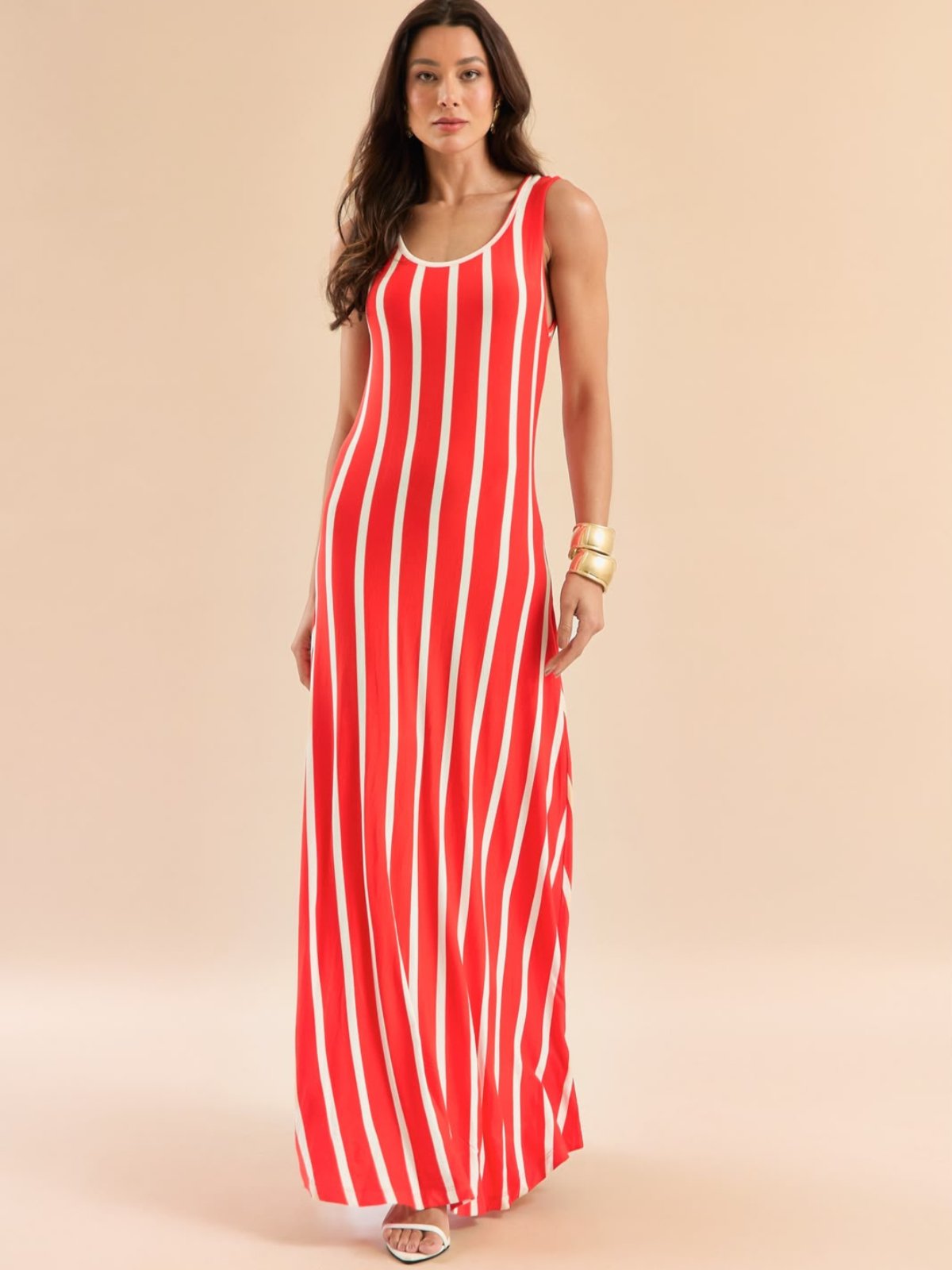 Vestido Longo Regata Em Listras Moletinho Vermelho