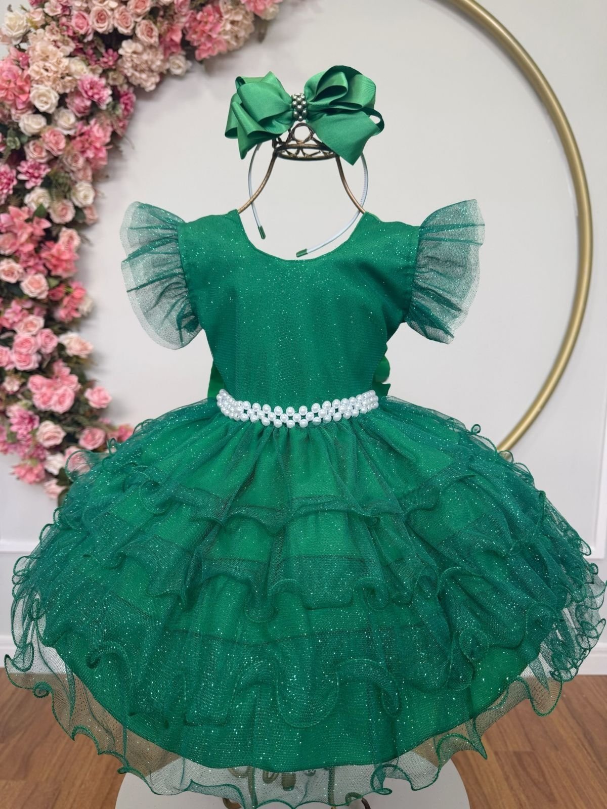 Infantil - Vestido Festa Verde Esmeralda Bandeira Formatura Florista Casamento Babados Dama Daminha Social Menina Juvenil Pérolas Princesa Rodado Aniversário Luxo