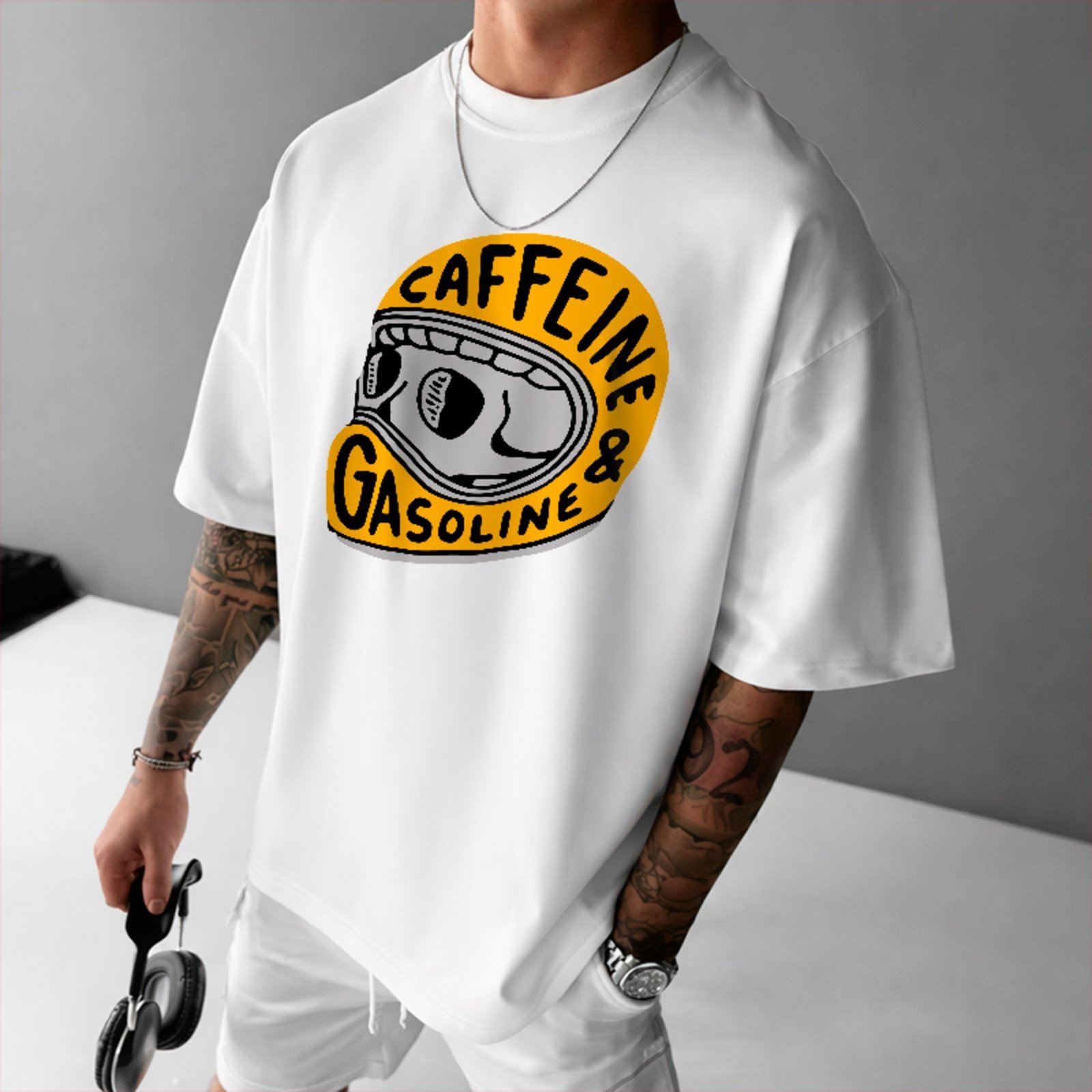 Camiseta Oversized Premium Caffeine And Gasoline Unissex Branco