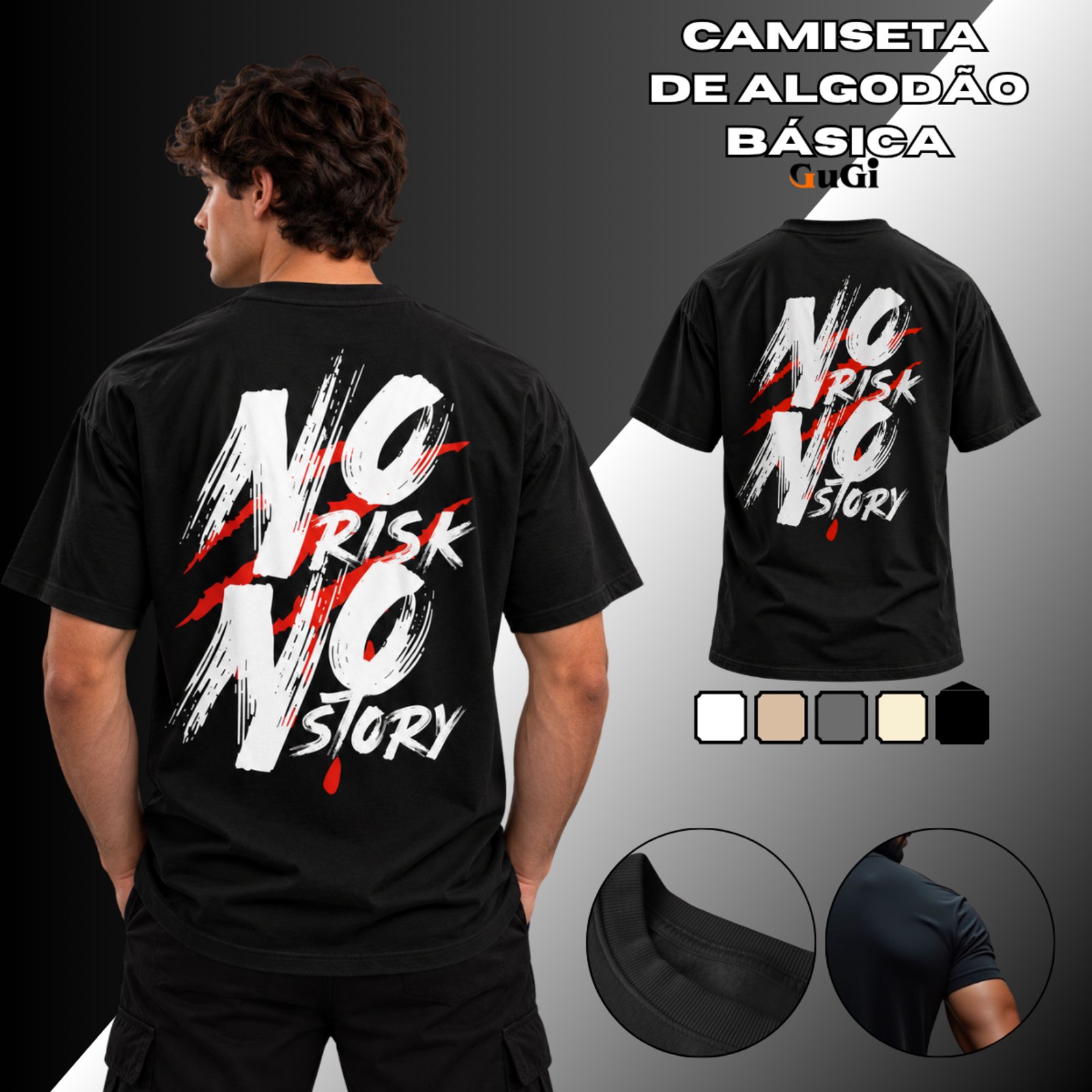 Camiseta Masculina No Risk No Story 100% Algodão 30.1 Preto