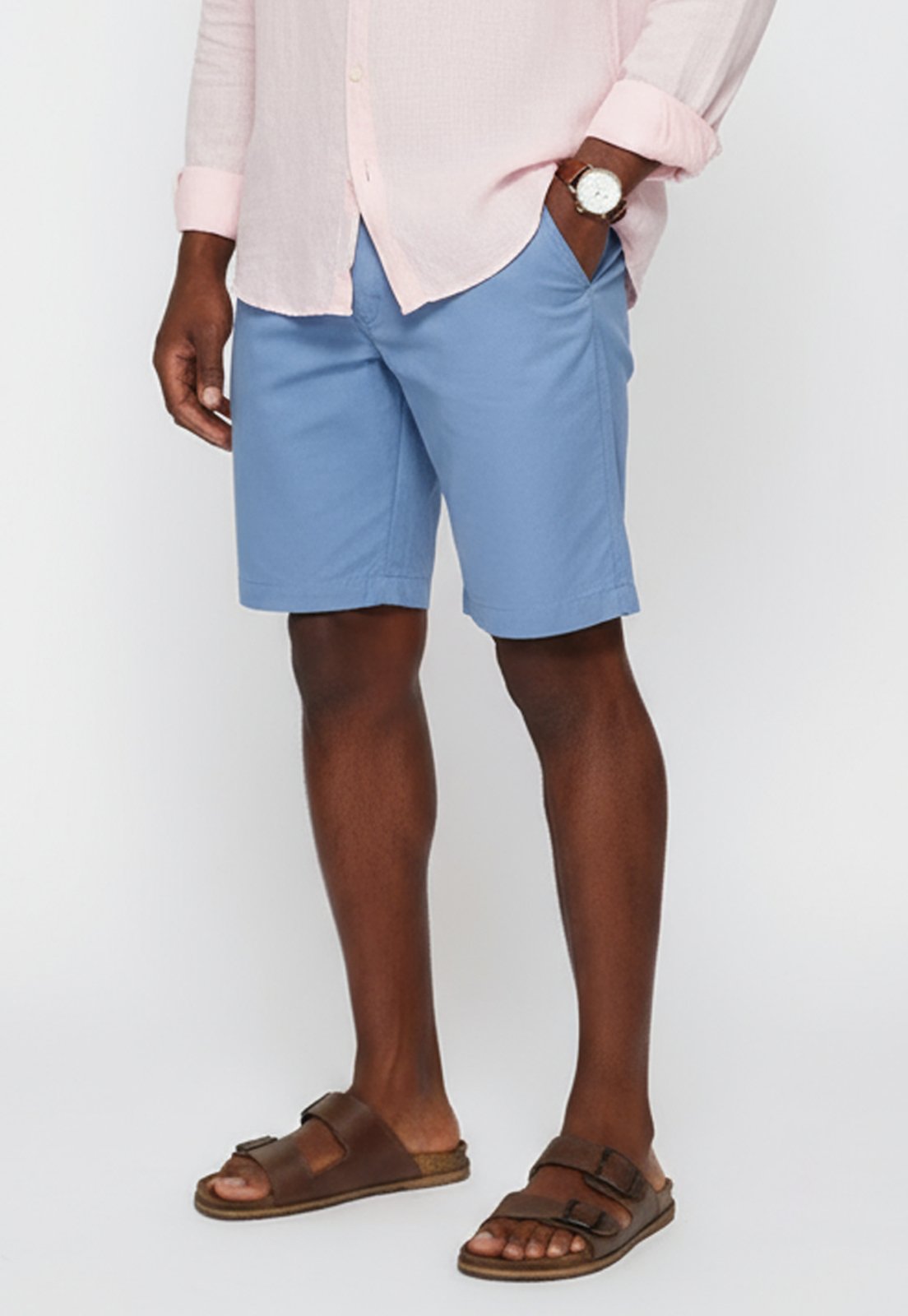 Bermuda Masculina Sarja Chino Casual Confortável Algodão Azul